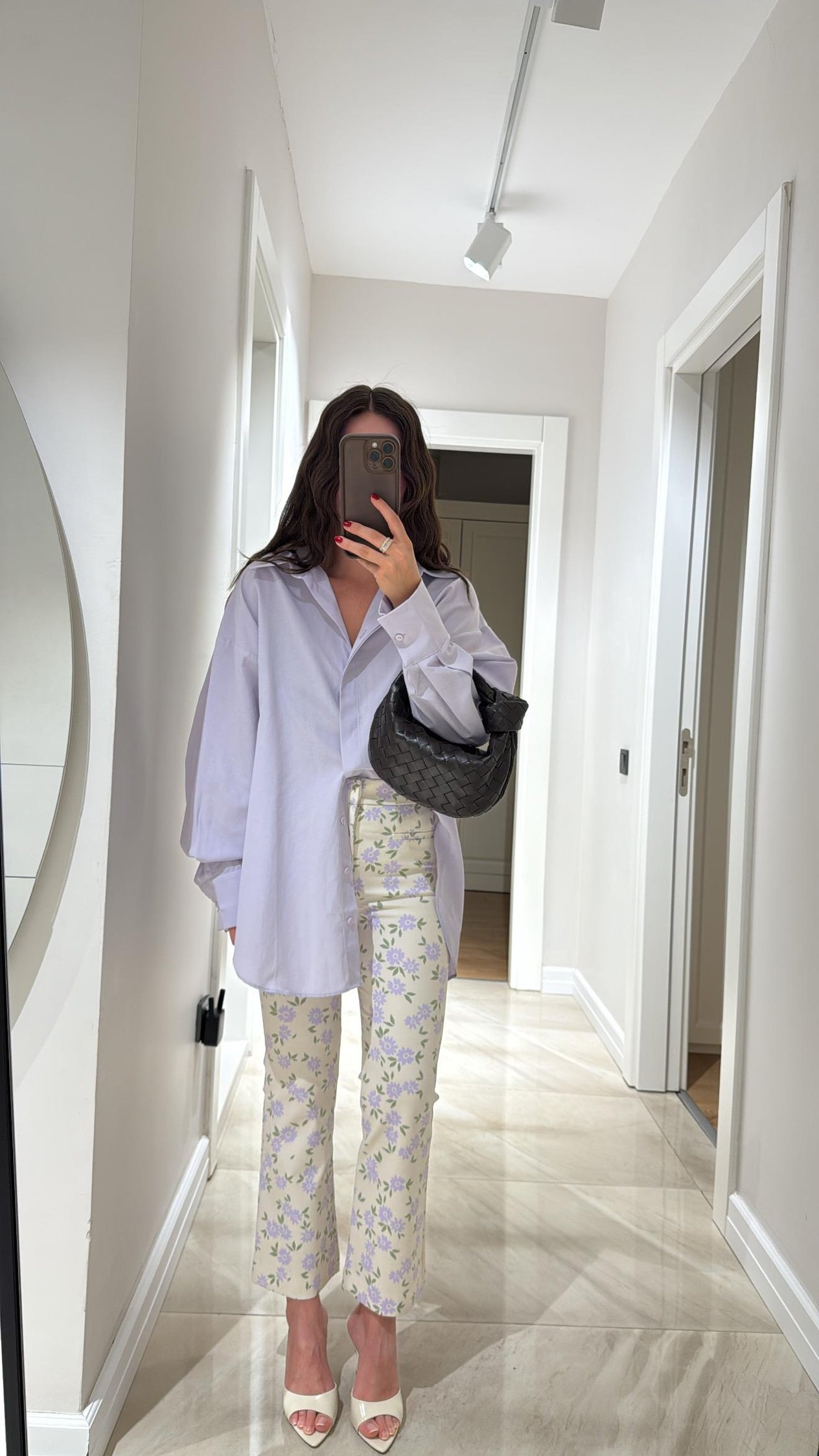 Krem Lila Çiçekli Flare Bilek Boy Pantolon