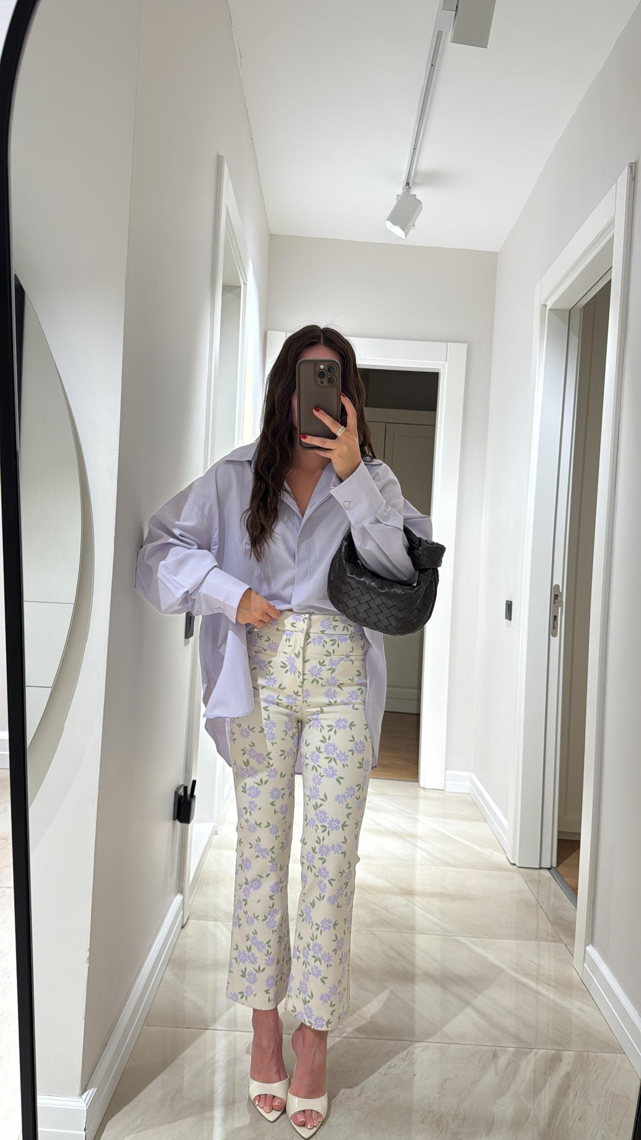 Krem Lila Çiçekli Flare Bilek Boy Pantolon