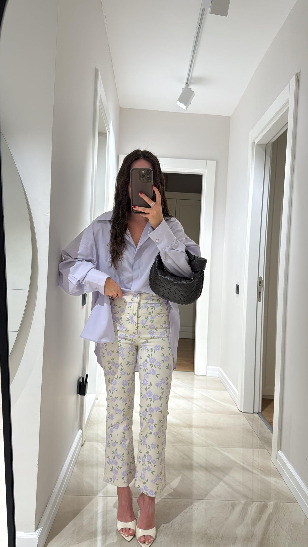 Krem Lila Çiçekli Flare Bilek Boy Pantolon