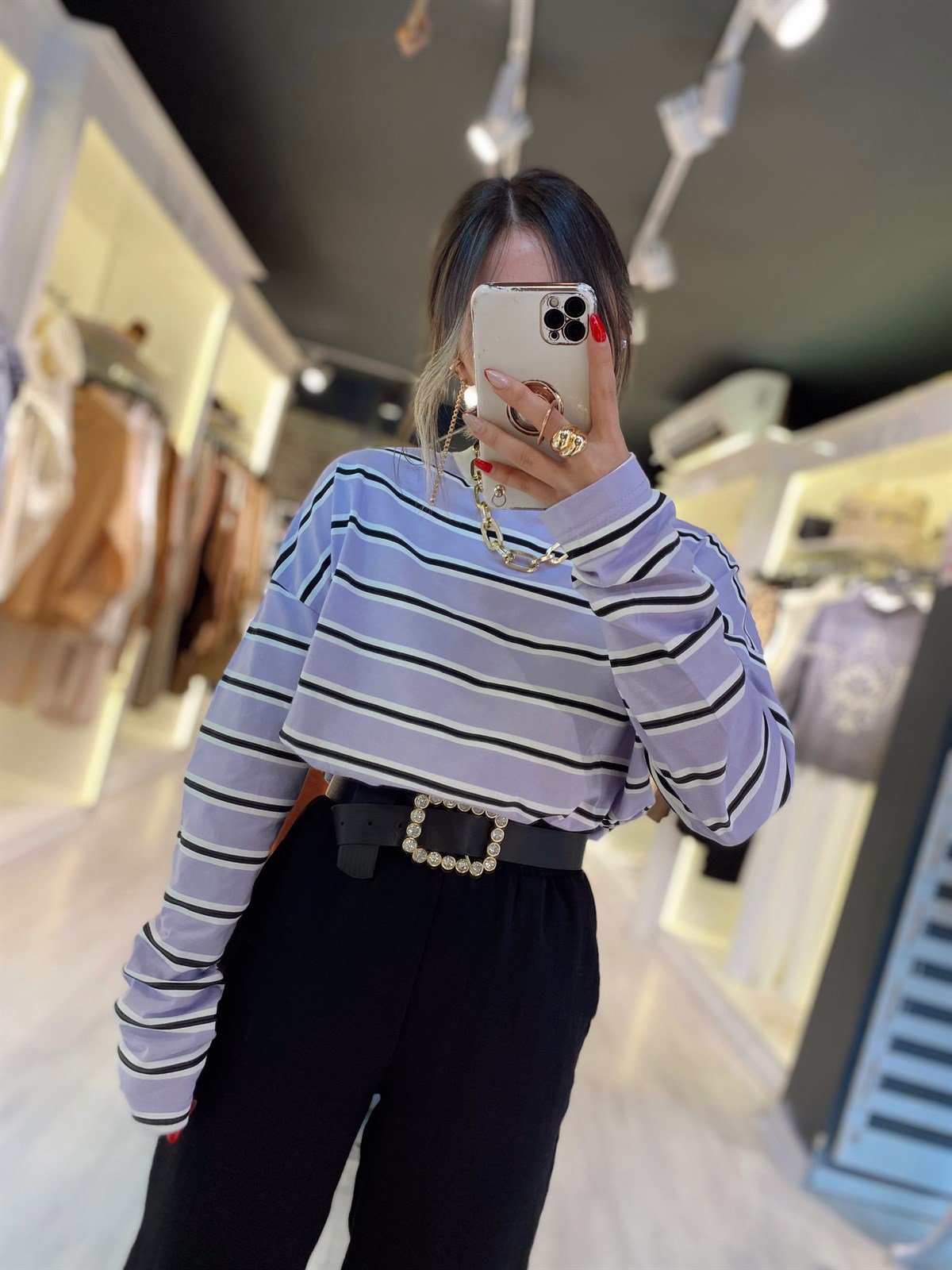 Lila Çizgili Uzun Kollu Ravi İnce Sweat