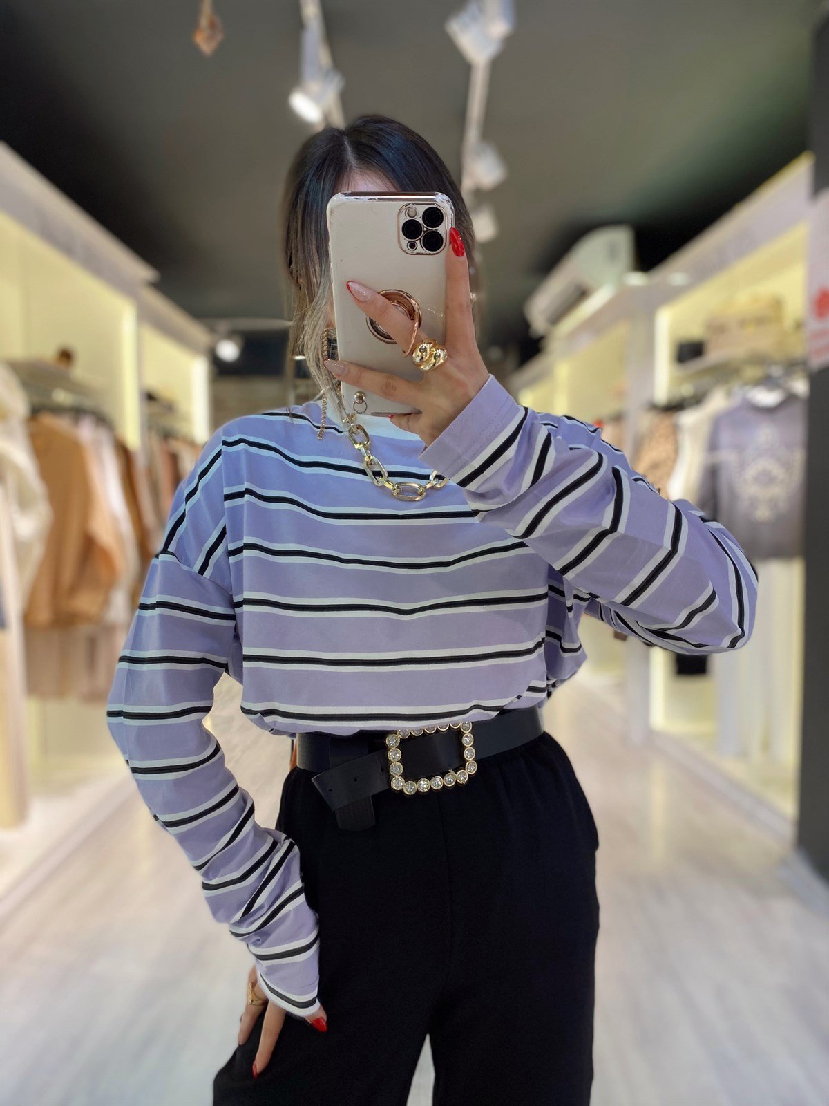 Lila Çizgili Uzun Kollu Ravi İnce Sweat