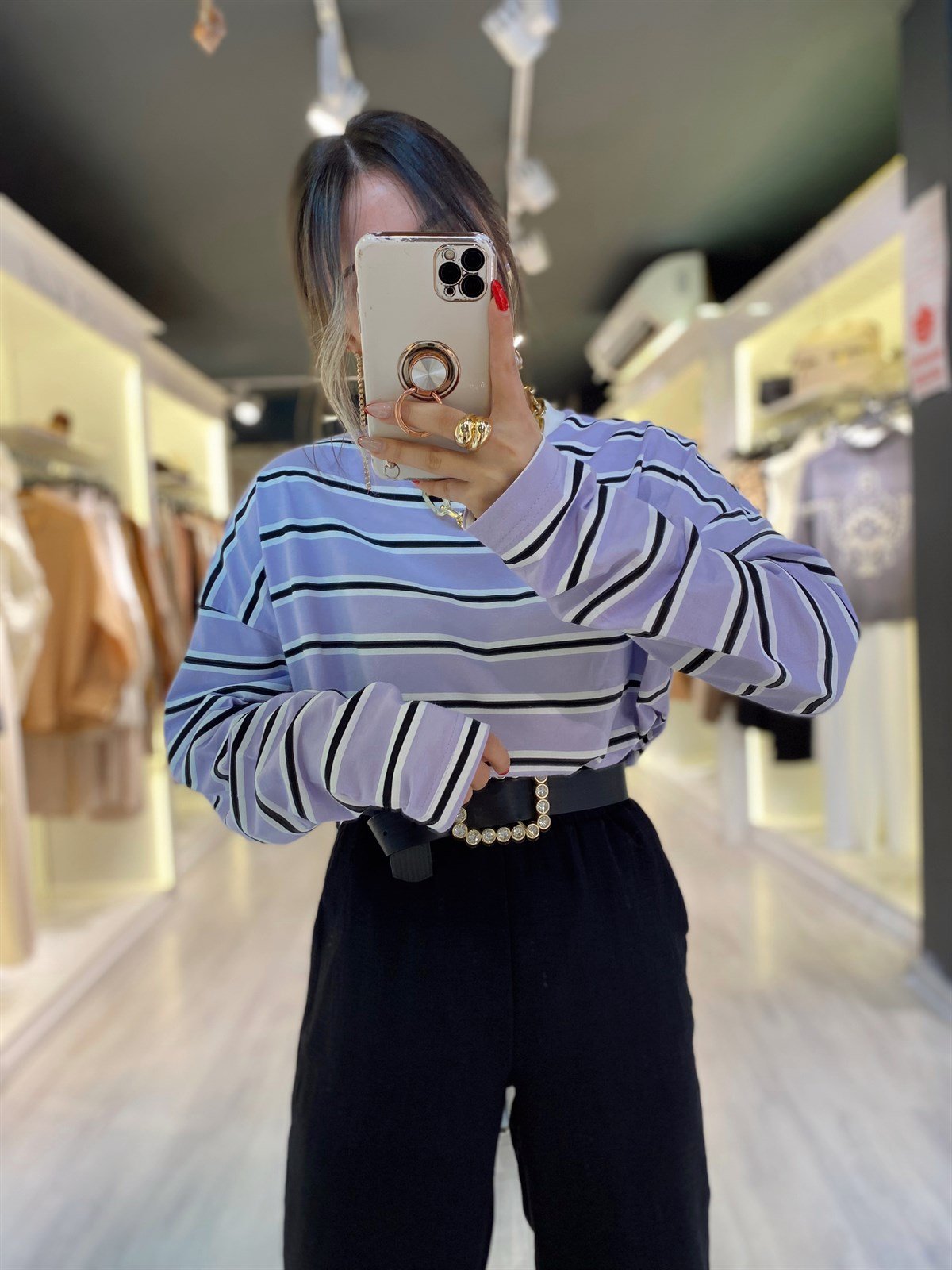 Lila Çizgili Uzun Kollu Ravi İnce Sweat