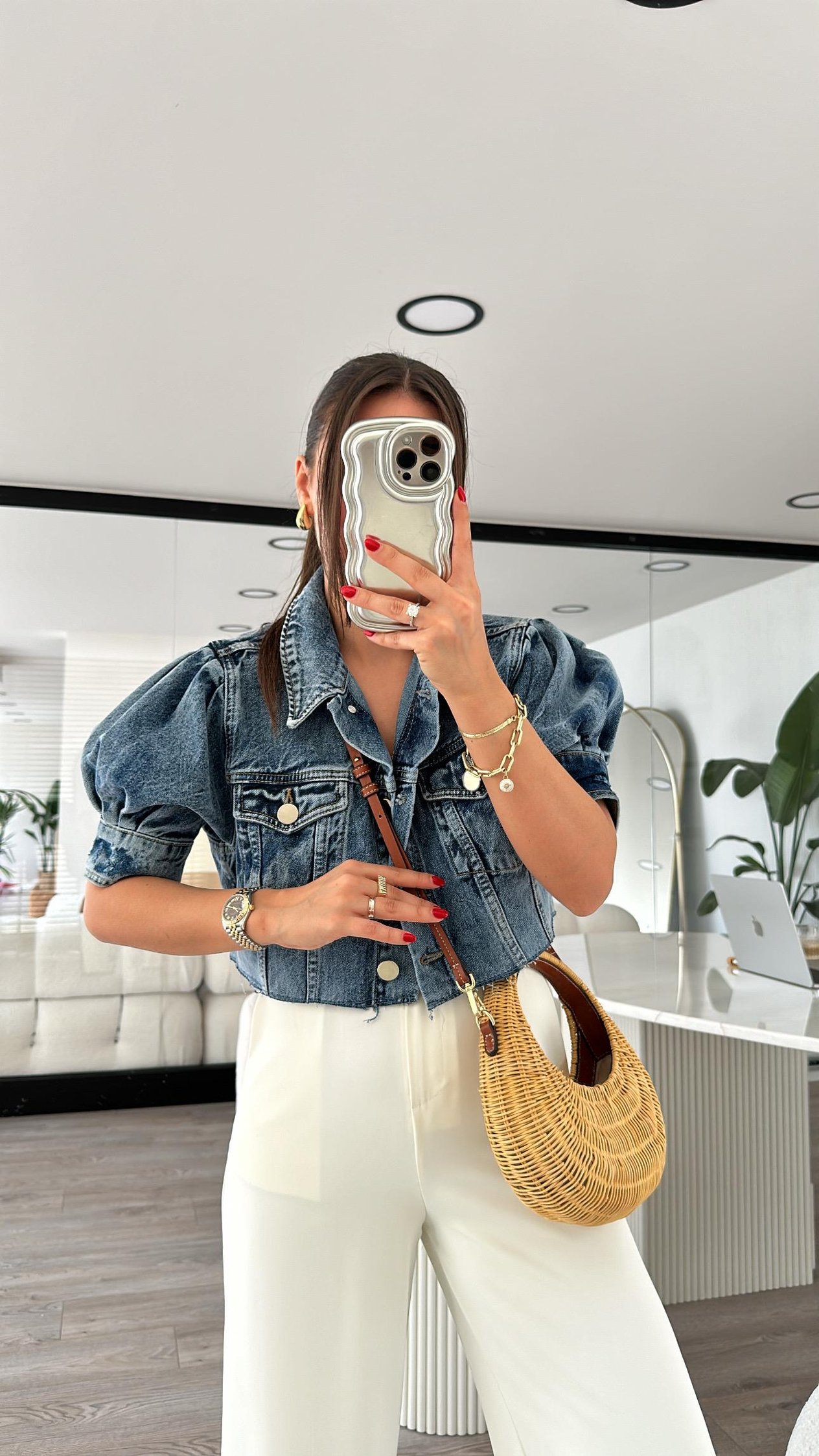 Mavi Balon Kol Crop Jean Ceket 