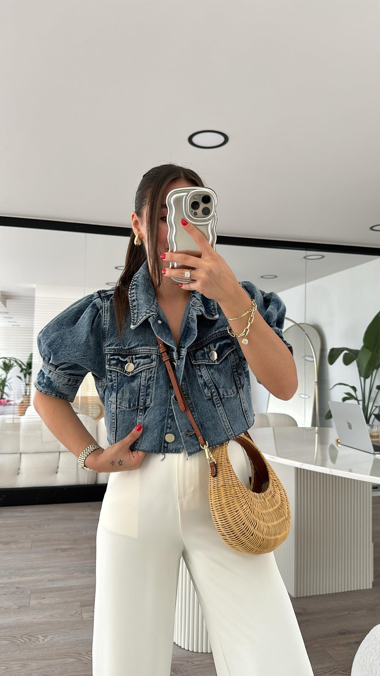 Mavi Balon Kol Crop Jean Ceket 
