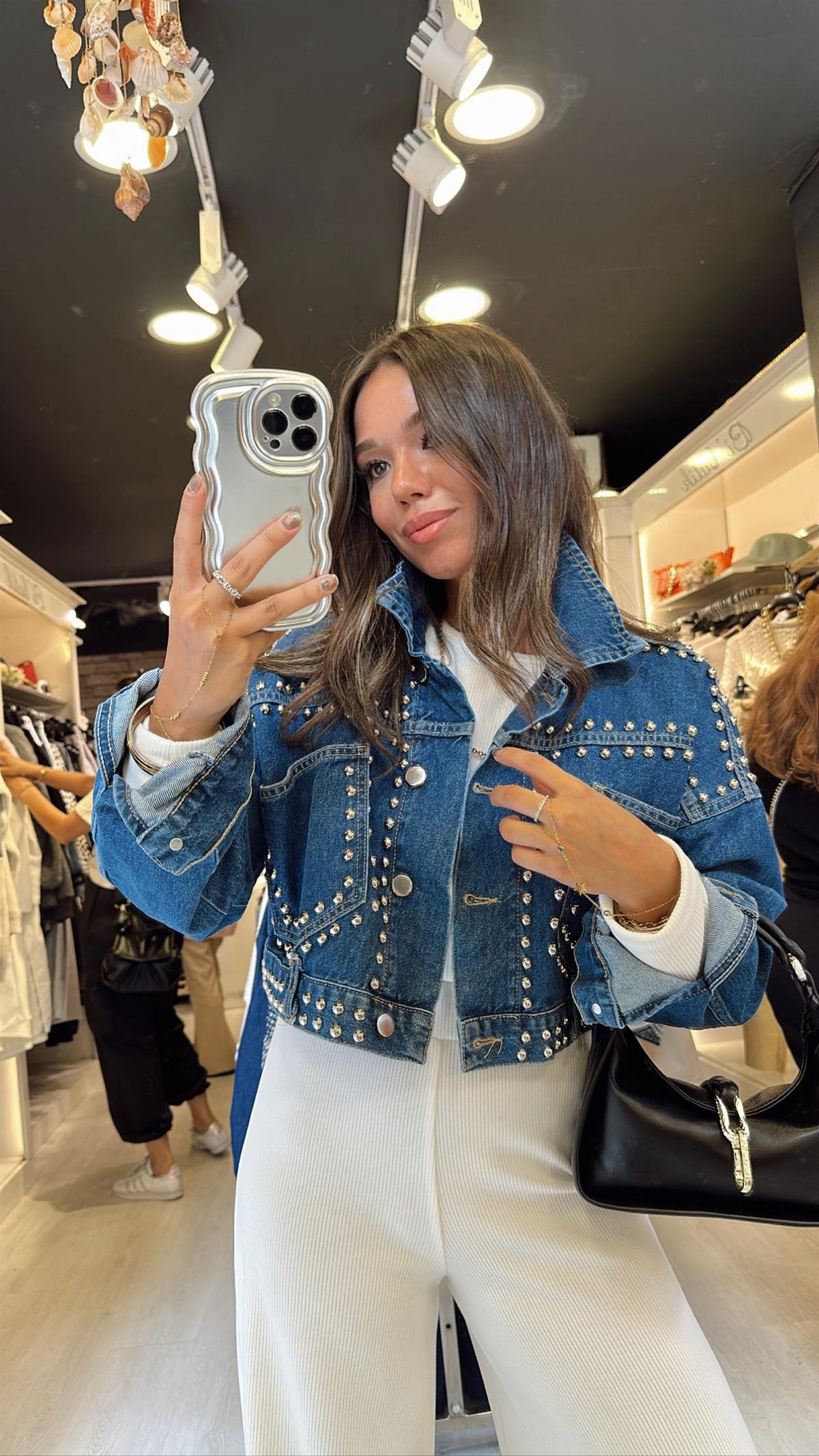 Mavi Gümüş Zımbalı Crop Jean Ceket
