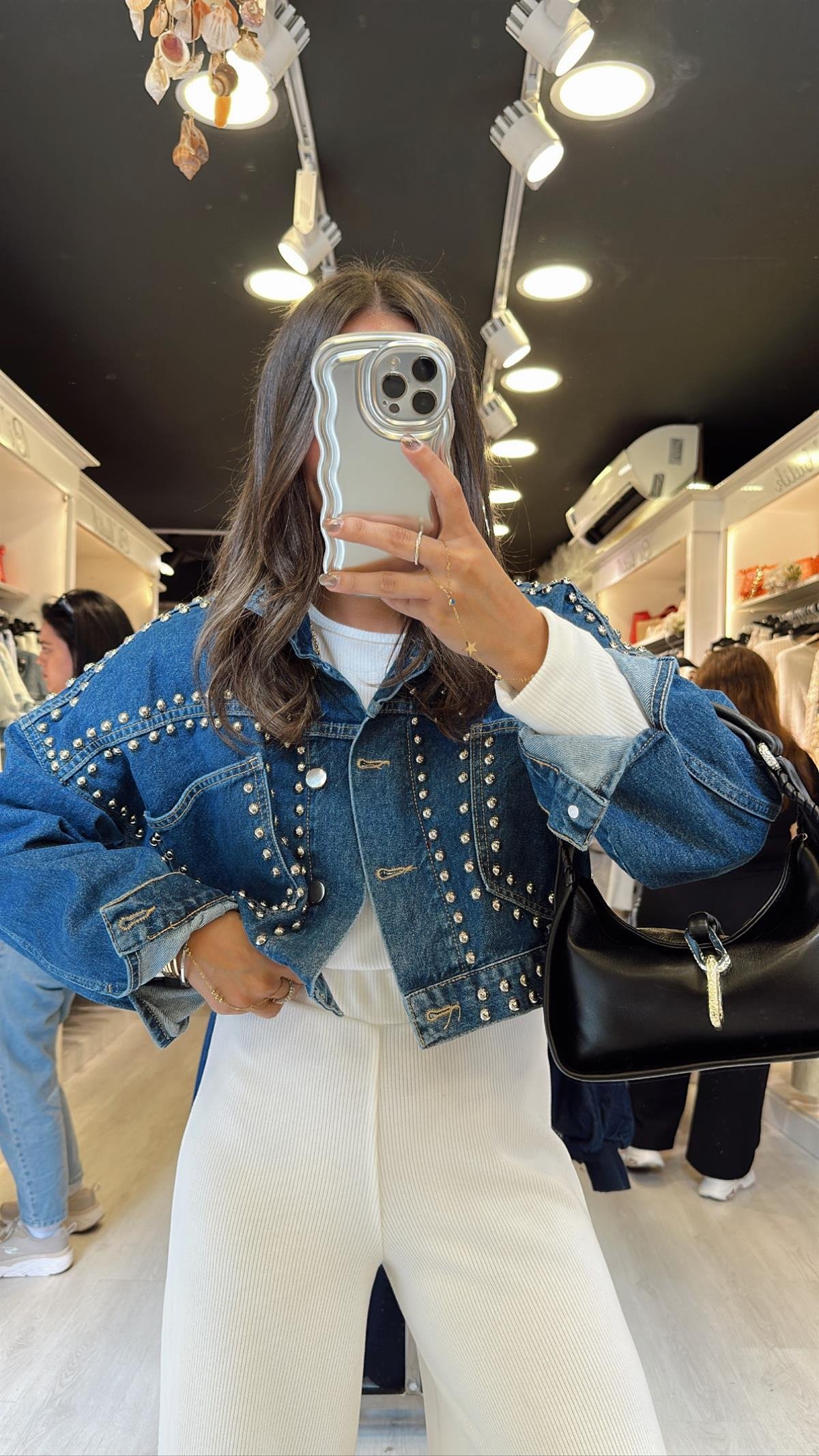 Mavi Gümüş Zımbalı Crop Jean Ceket
