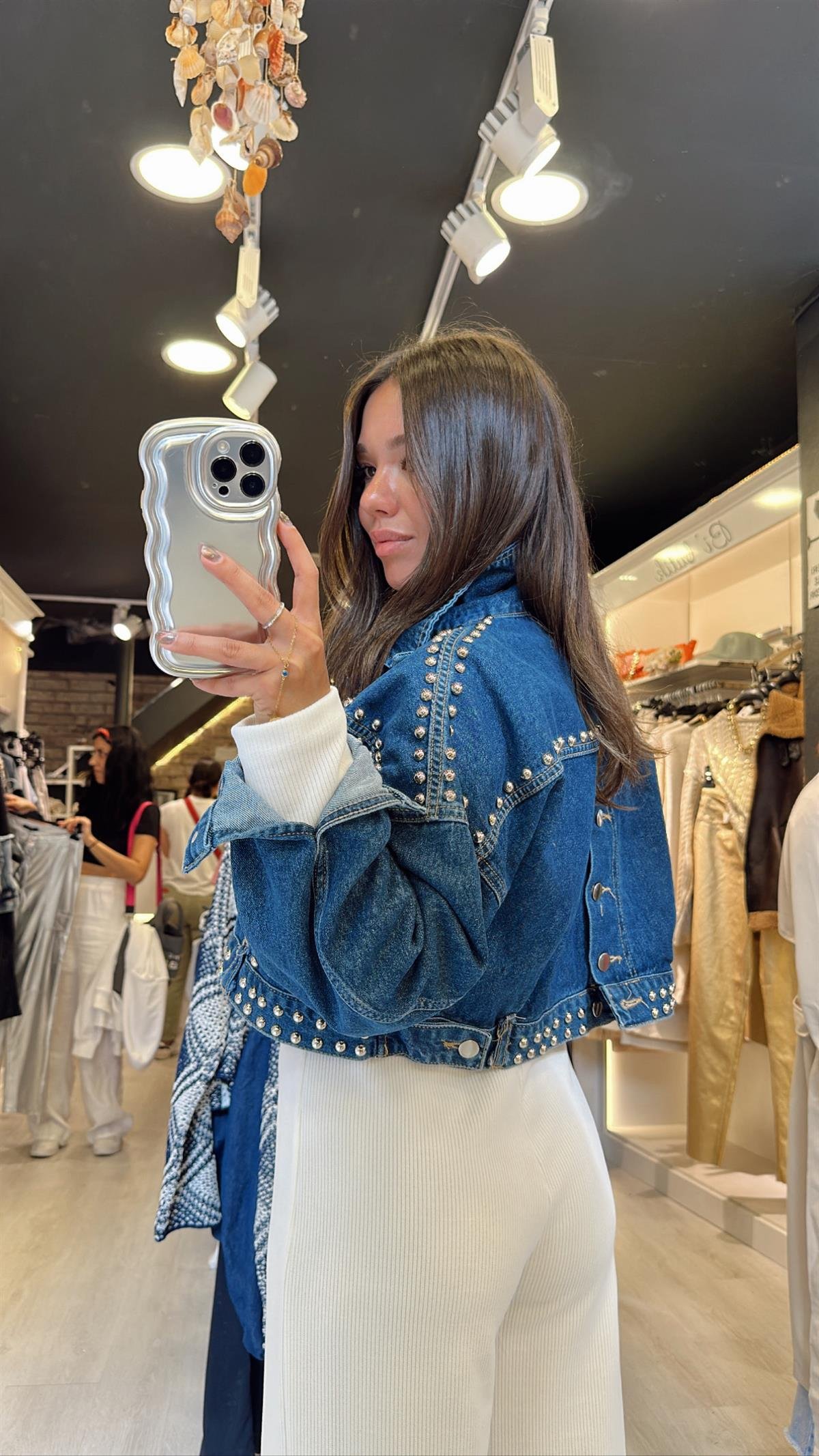 Mavi Gümüş Zımbalı Crop Jean Ceket