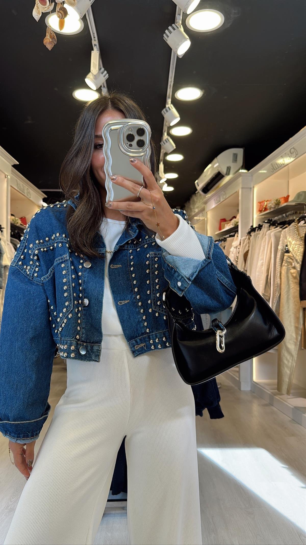 Mavi Gümüş Zımbalı Crop Jean Ceket