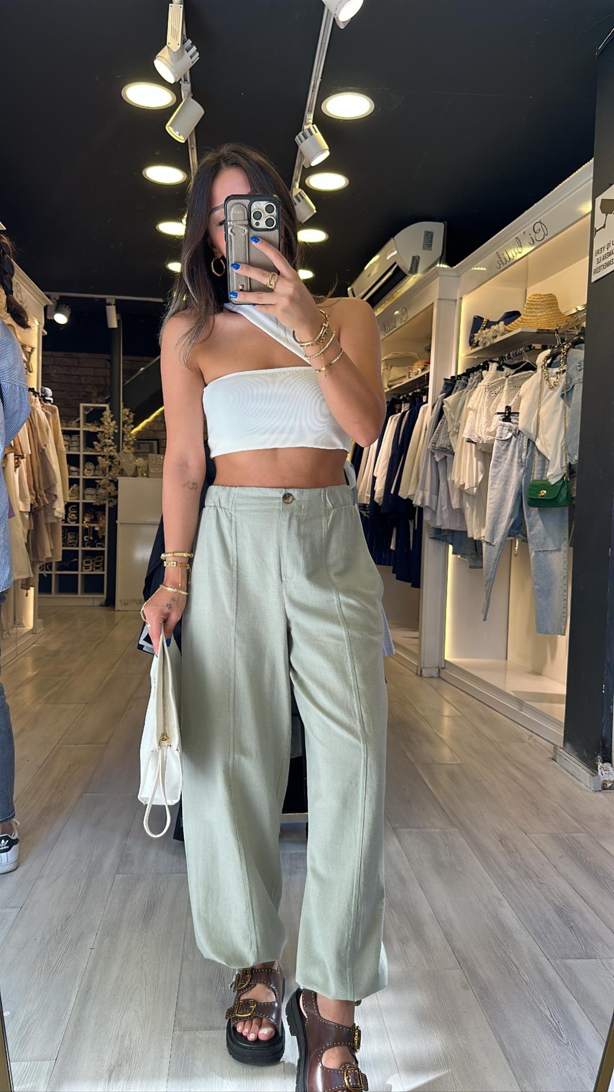 Mint Yeşili Beli Lastikli Paça Büzgülü Keten Pantolon