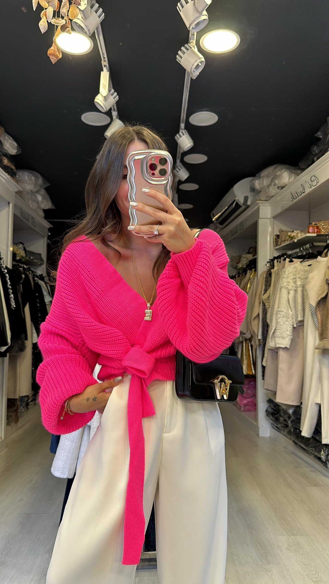 Neon Pembe Kruvaze Yaka Bağlamalı Hırka