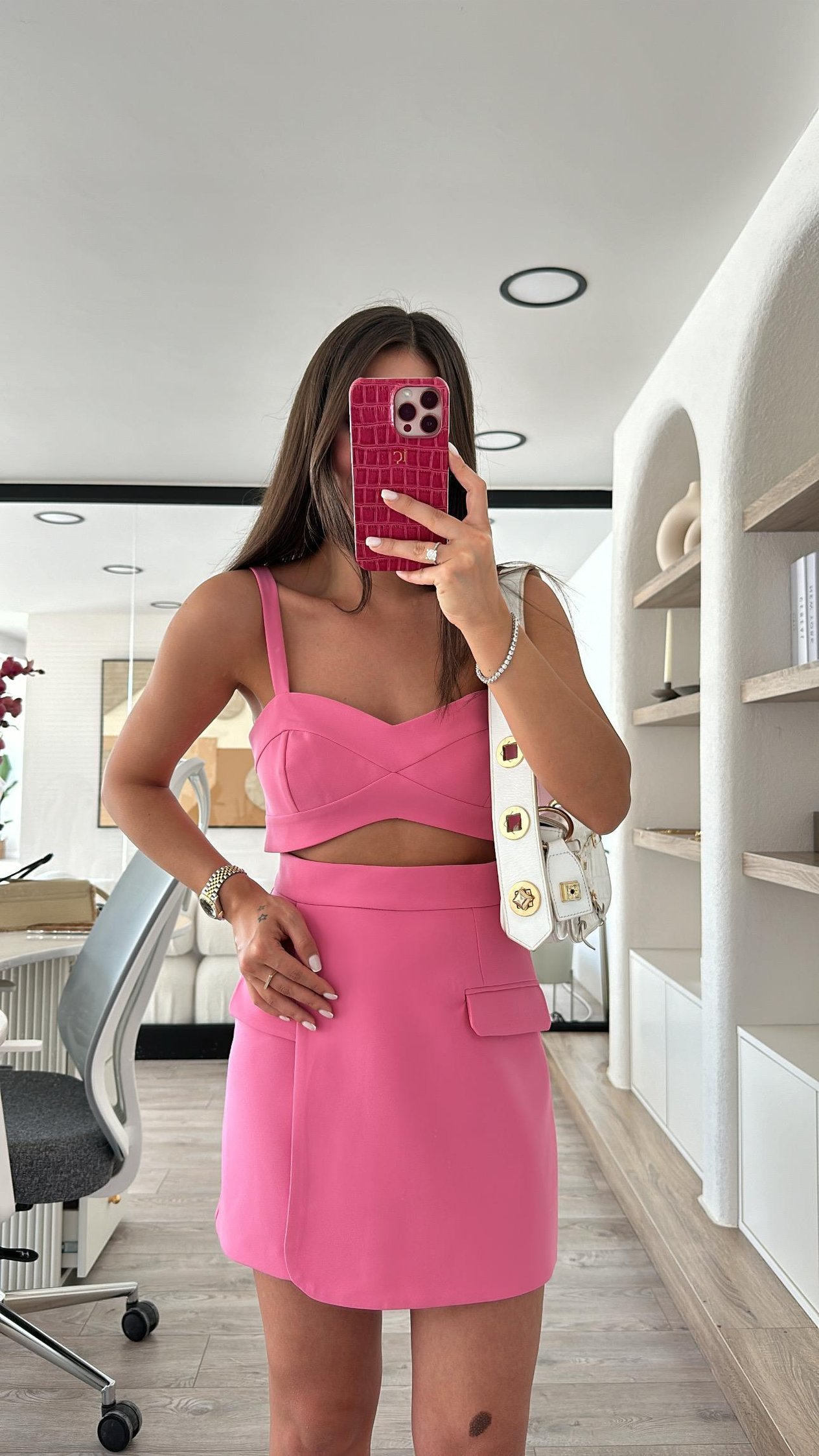 Pembe Askılı Kalp Yaka Crop Bluz
