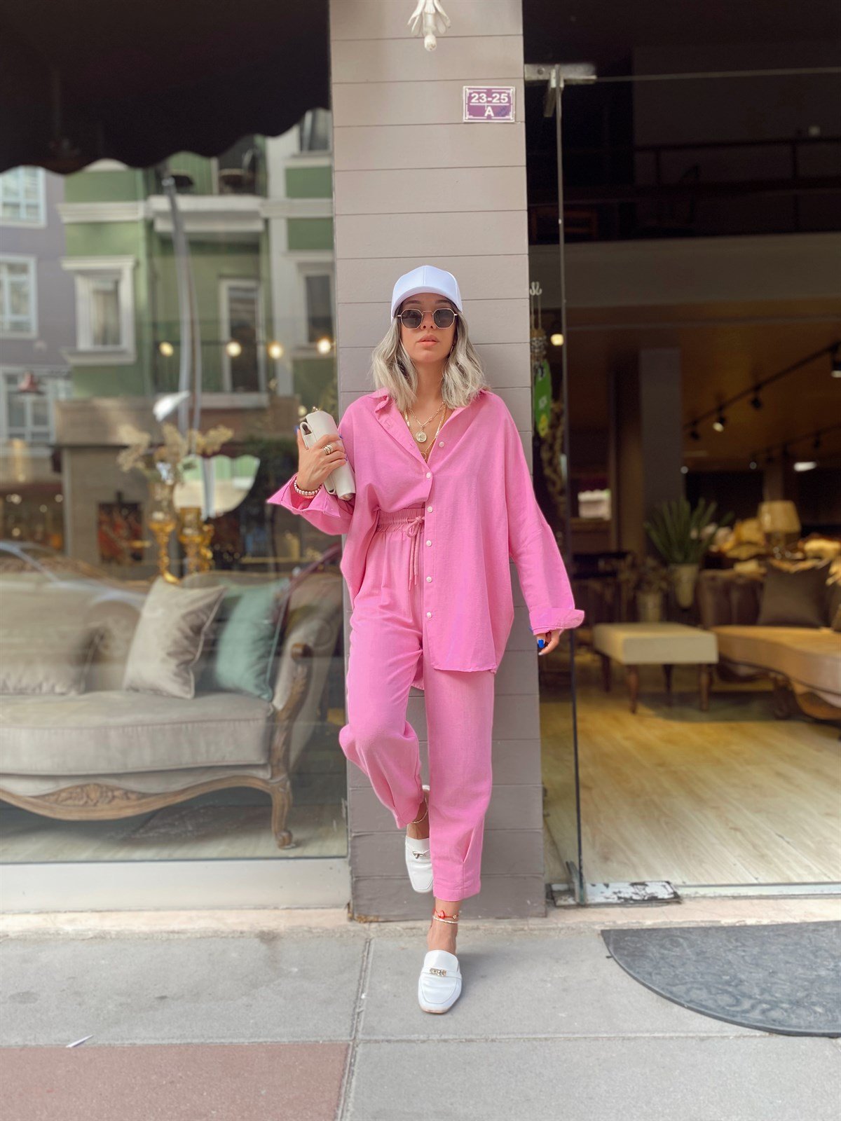 Pembe Paça Pileli Keten Pantolon 