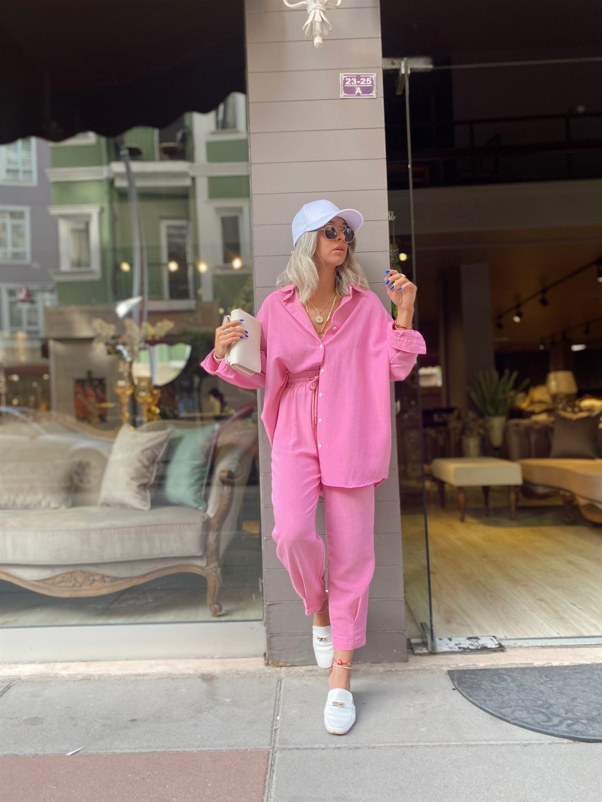 Pembe Paça Pileli Keten Pantolon 