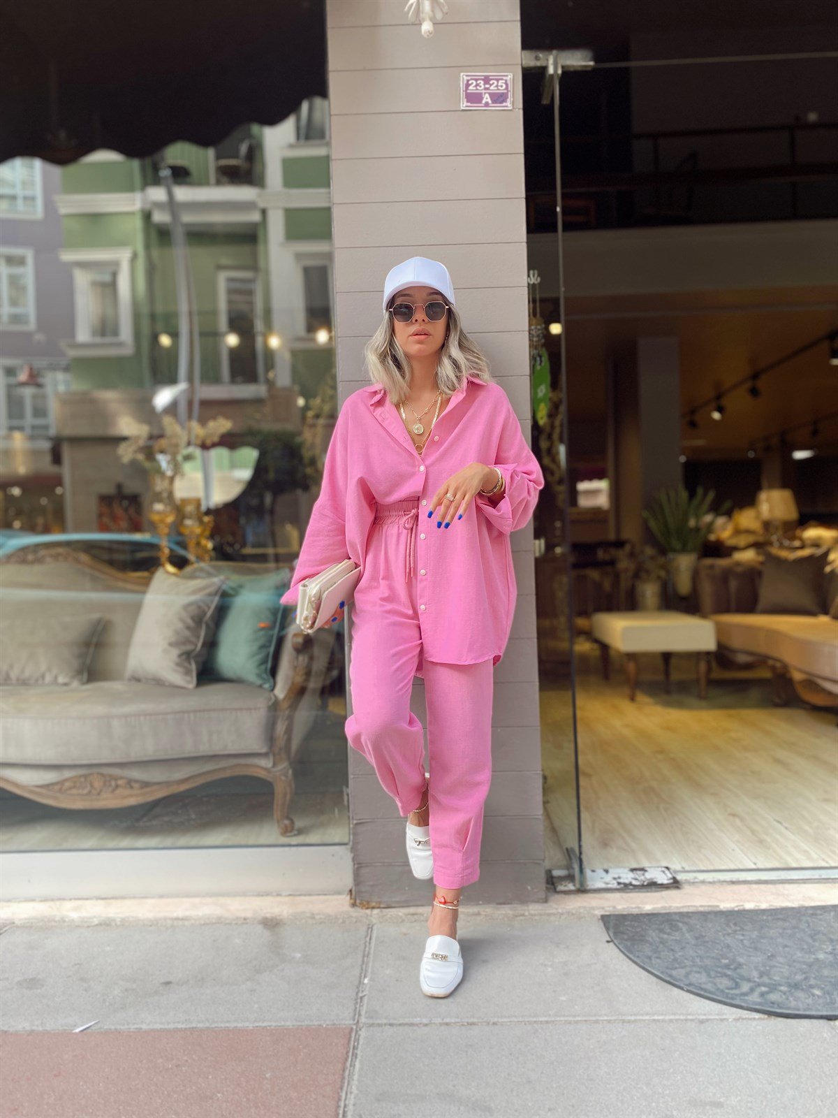 Pembe Paça Pileli Keten Pantolon 