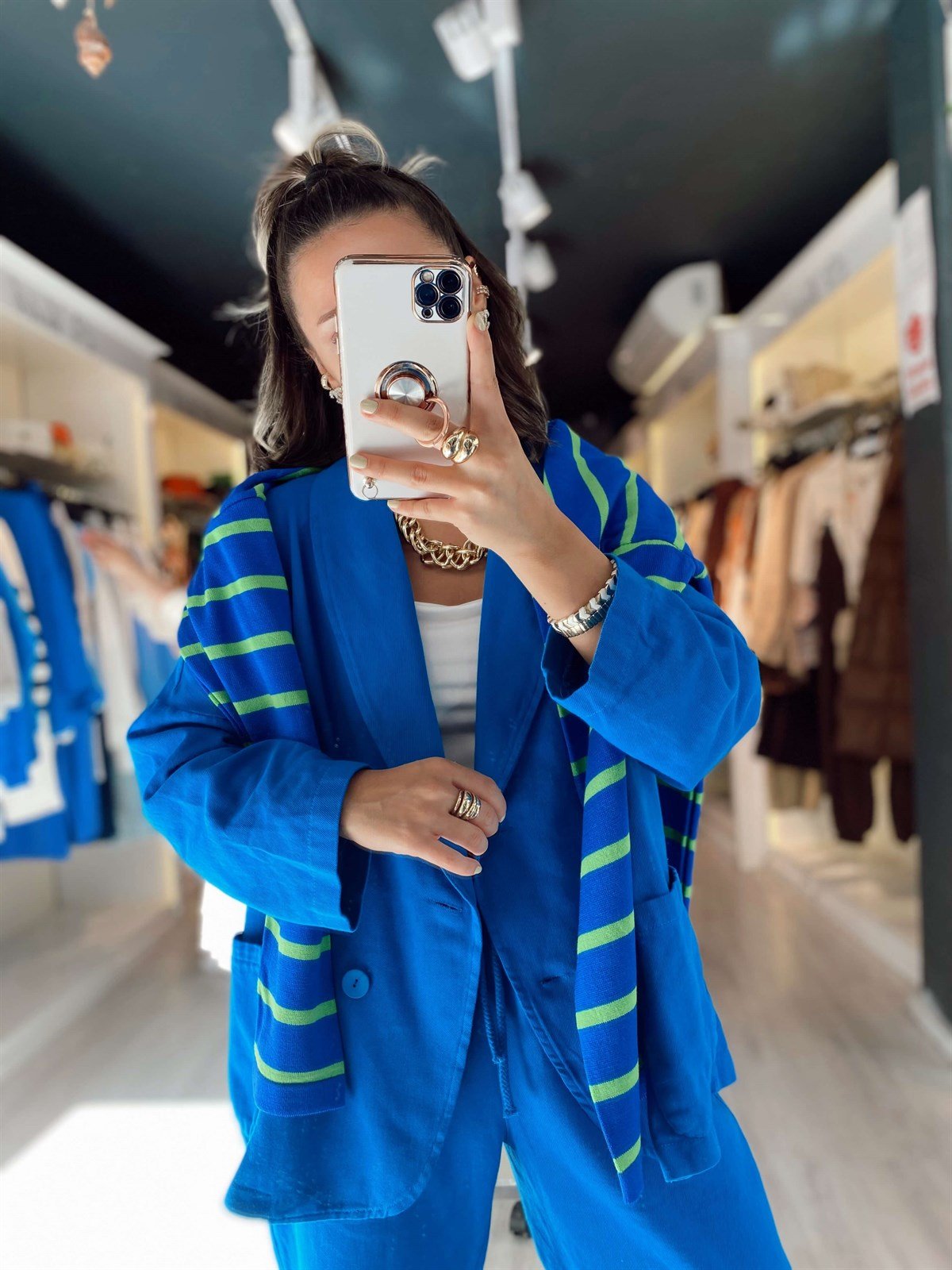 Saks Mavi Düğmeli Oversize Ceket