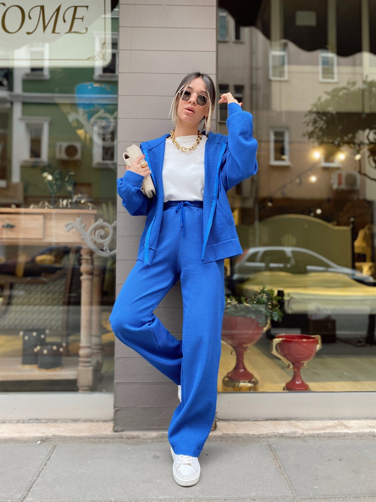 Saks Mavi Fitilli Fermuarlı Takım