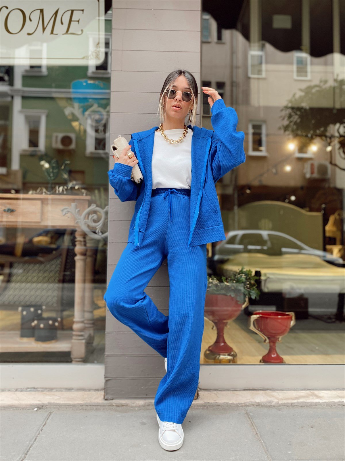 Saks Mavi Fitilli Fermuarlı Takım
