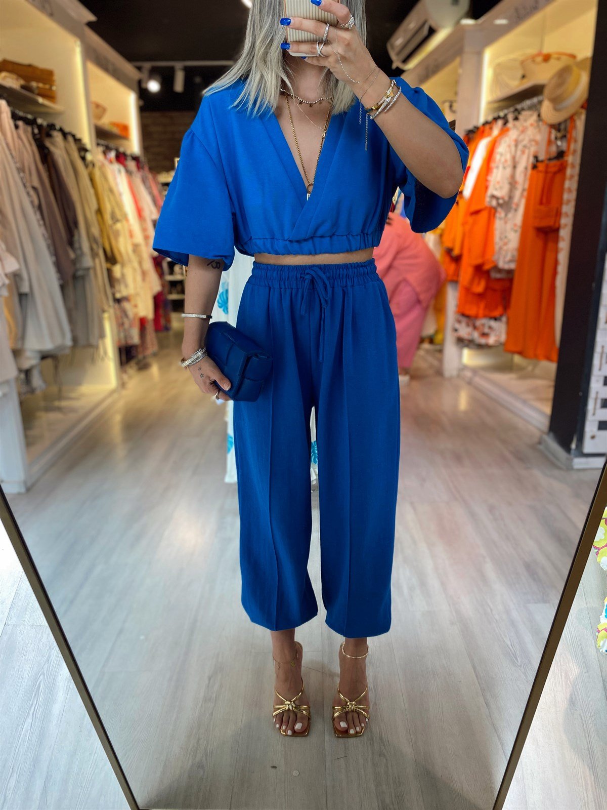 Saks Mavi Paçası Lastikli Ön Dikişli Pantolon