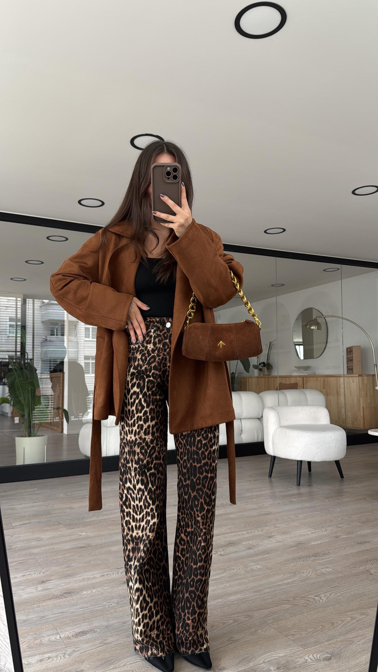 Siyah Krem Leopar Desen Marka Model Straight Fit Jean
