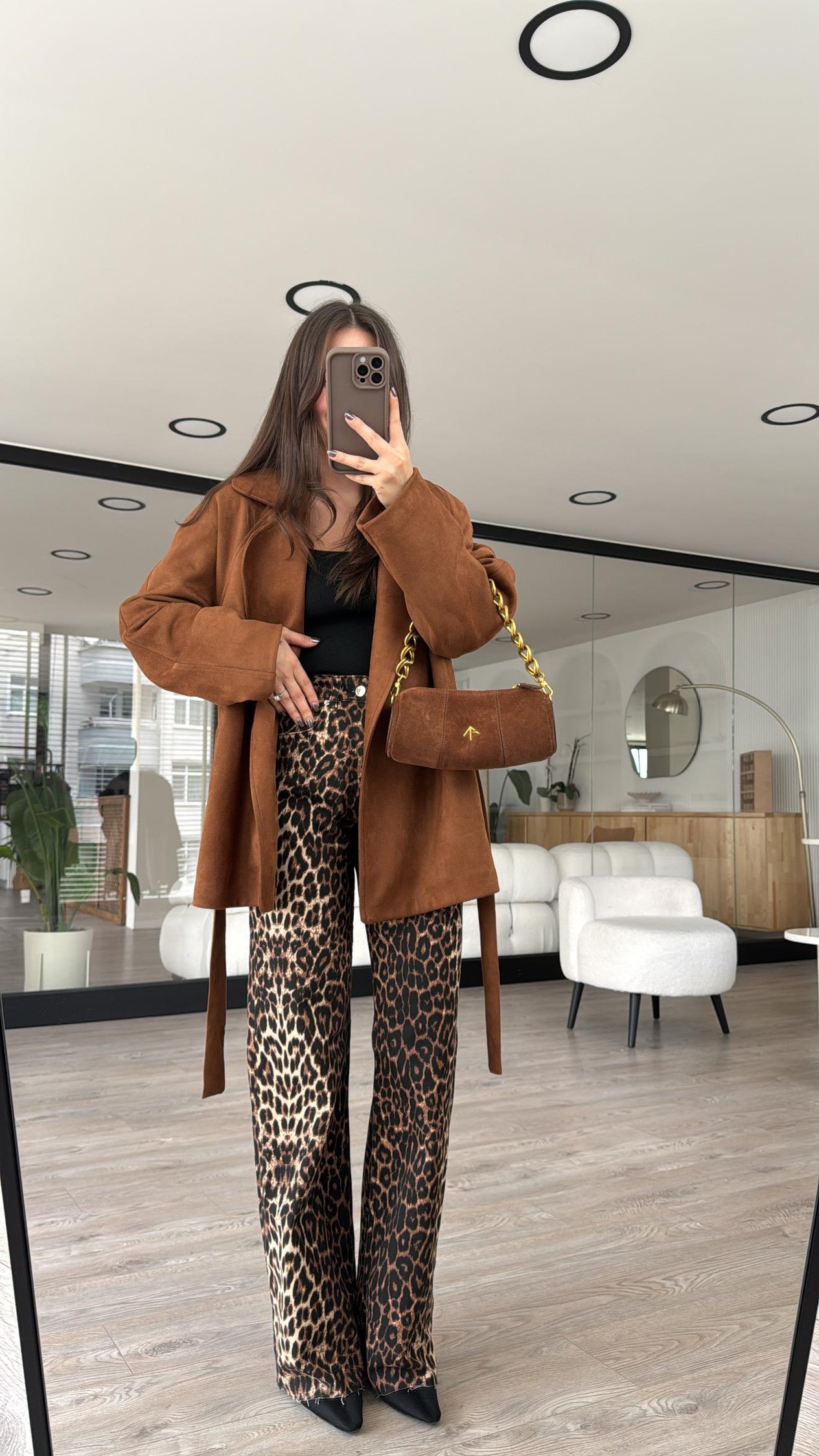 Siyah Krem Leopar Desen Marka Model Straight Fit Jean