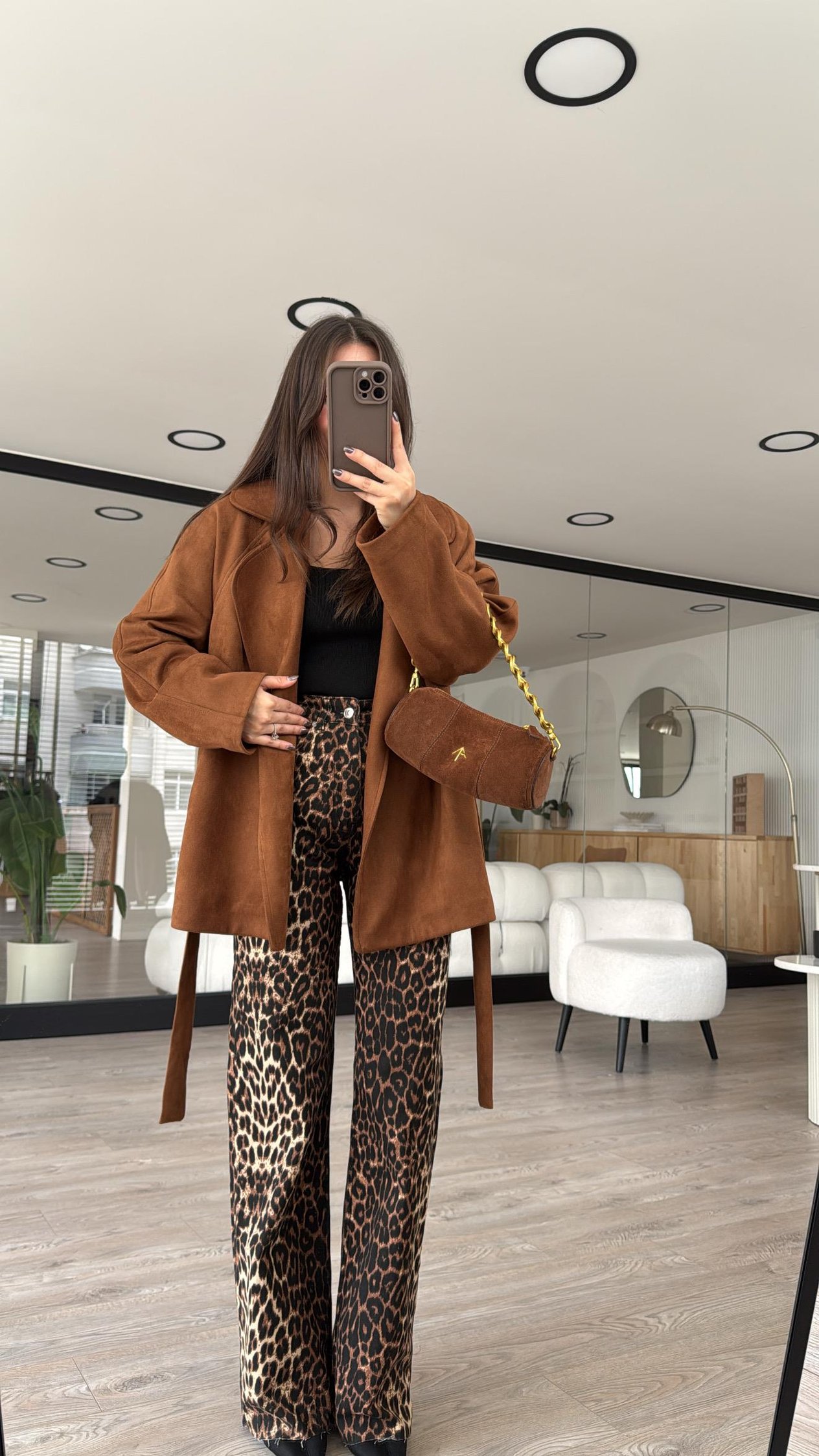 Siyah Krem Leopar Desen Marka Model Straight Fit Jean