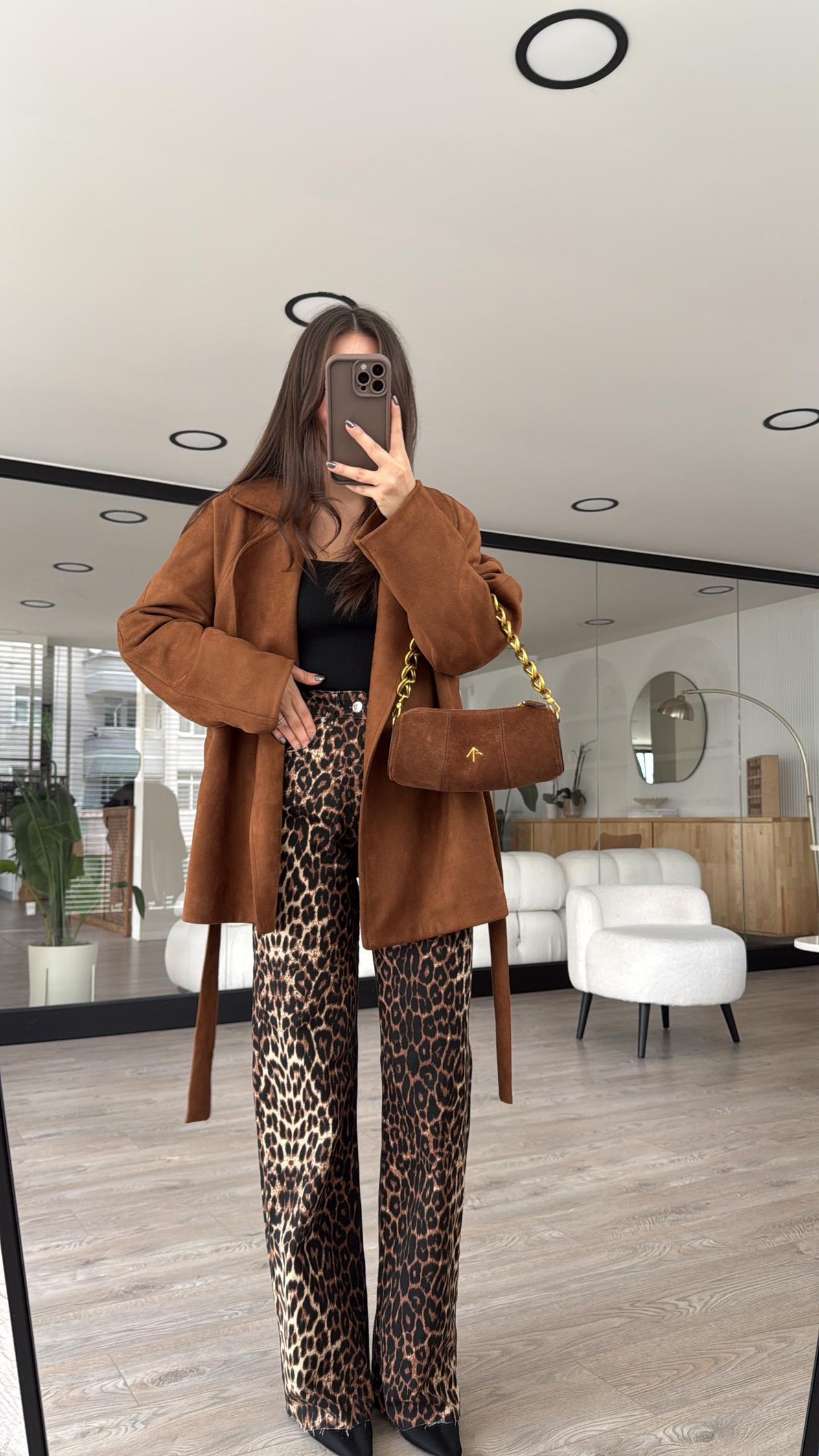 Siyah Krem Leopar Desen Marka Model Straight Fit Jean