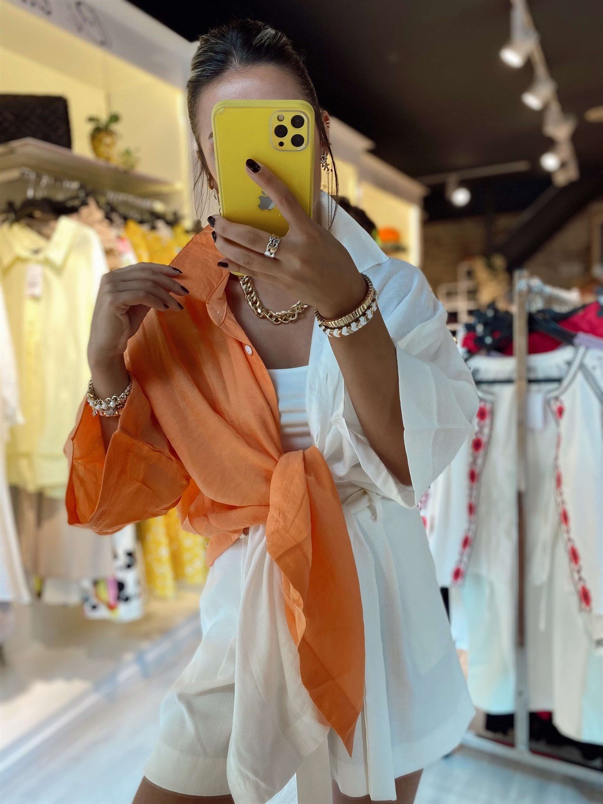Turuncu Beyaz Garnili Oversize Gömlek