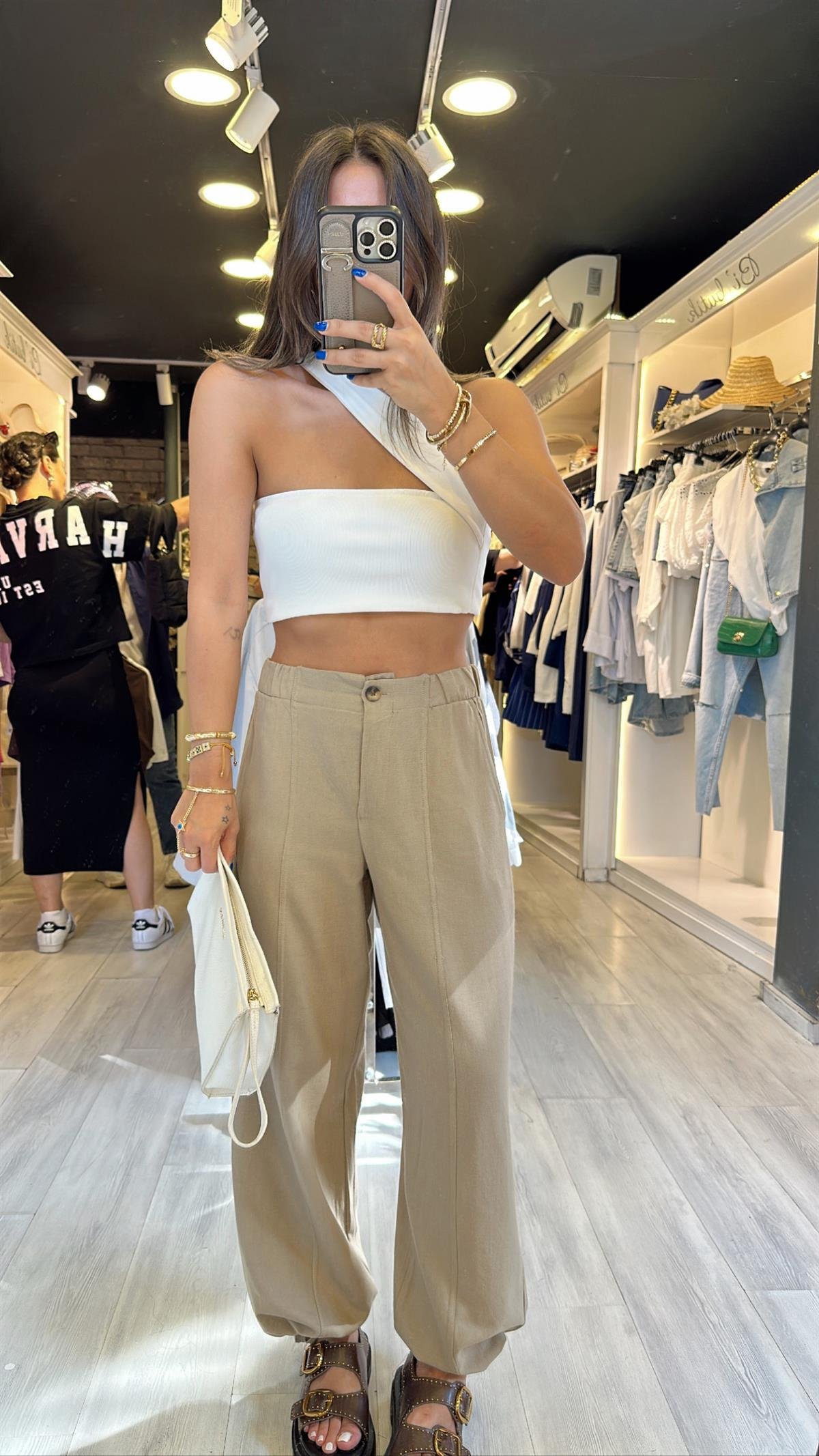 Vizon Beli Lastikli Paça Büzgülü Keten Pantolon