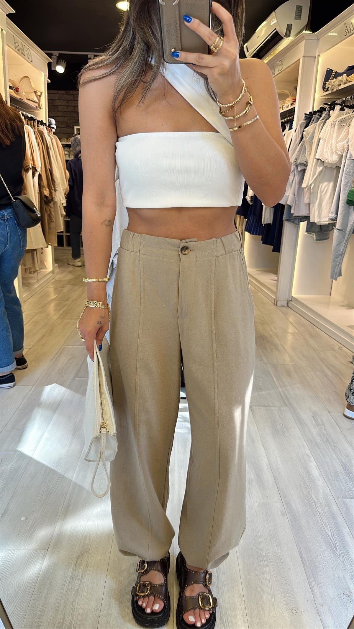 Vizon Beli Lastikli Paça Büzgülü Keten Pantolon