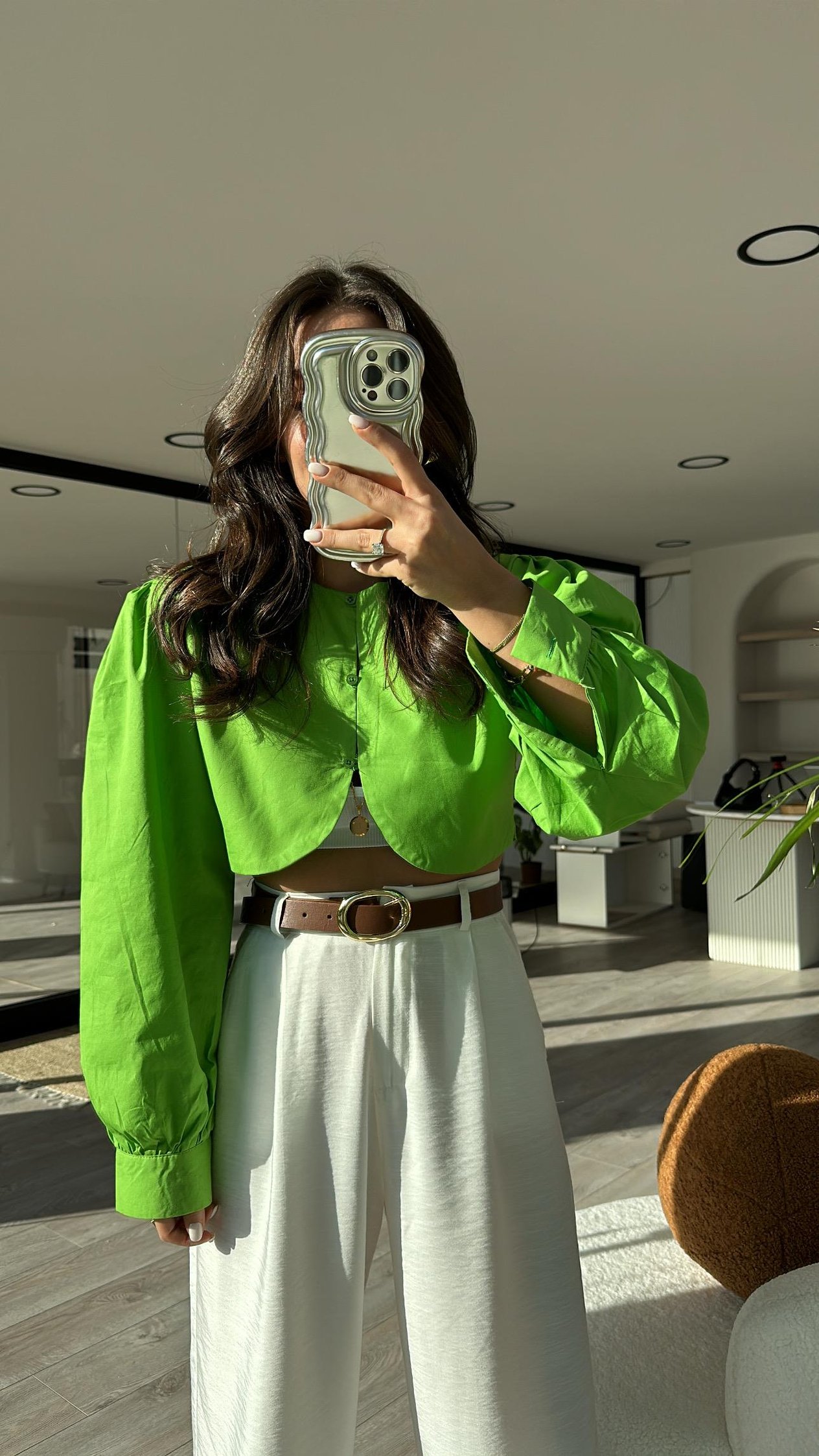 Yeşil Bel Detaylı Düğmeli Crop Gömlek