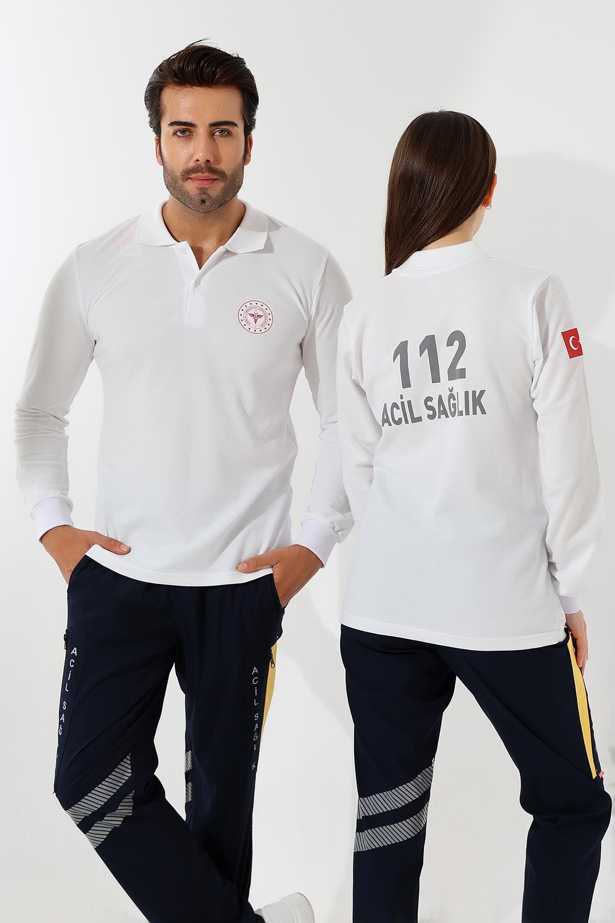 112 Acil Sağlık Yakalı Tshirt Uzun Kol Baskılı - Beyaz
