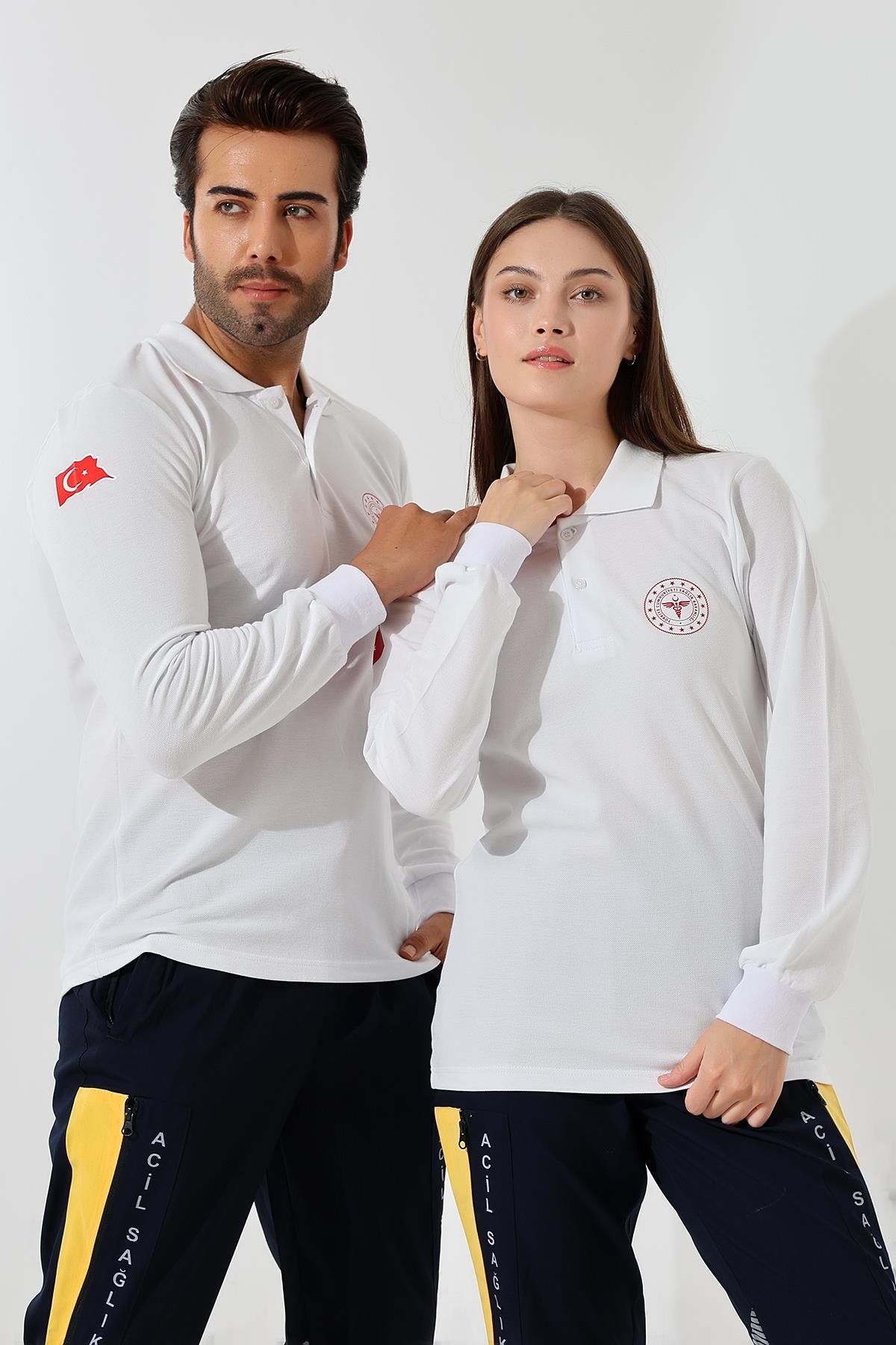 112 Acil Sağlık Yakalı Tshirt Uzun Kol Baskılı - Beyaz