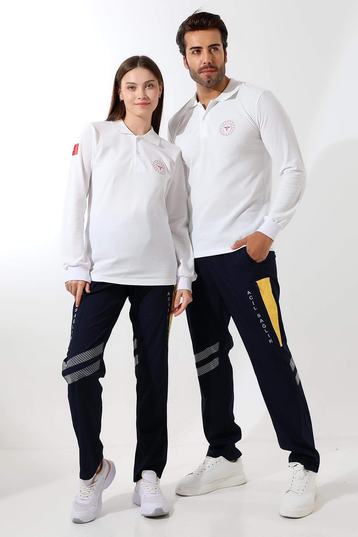 112 Acil Sağlık Yakalı Tshirt Uzun Kol Baskılı - Beyaz