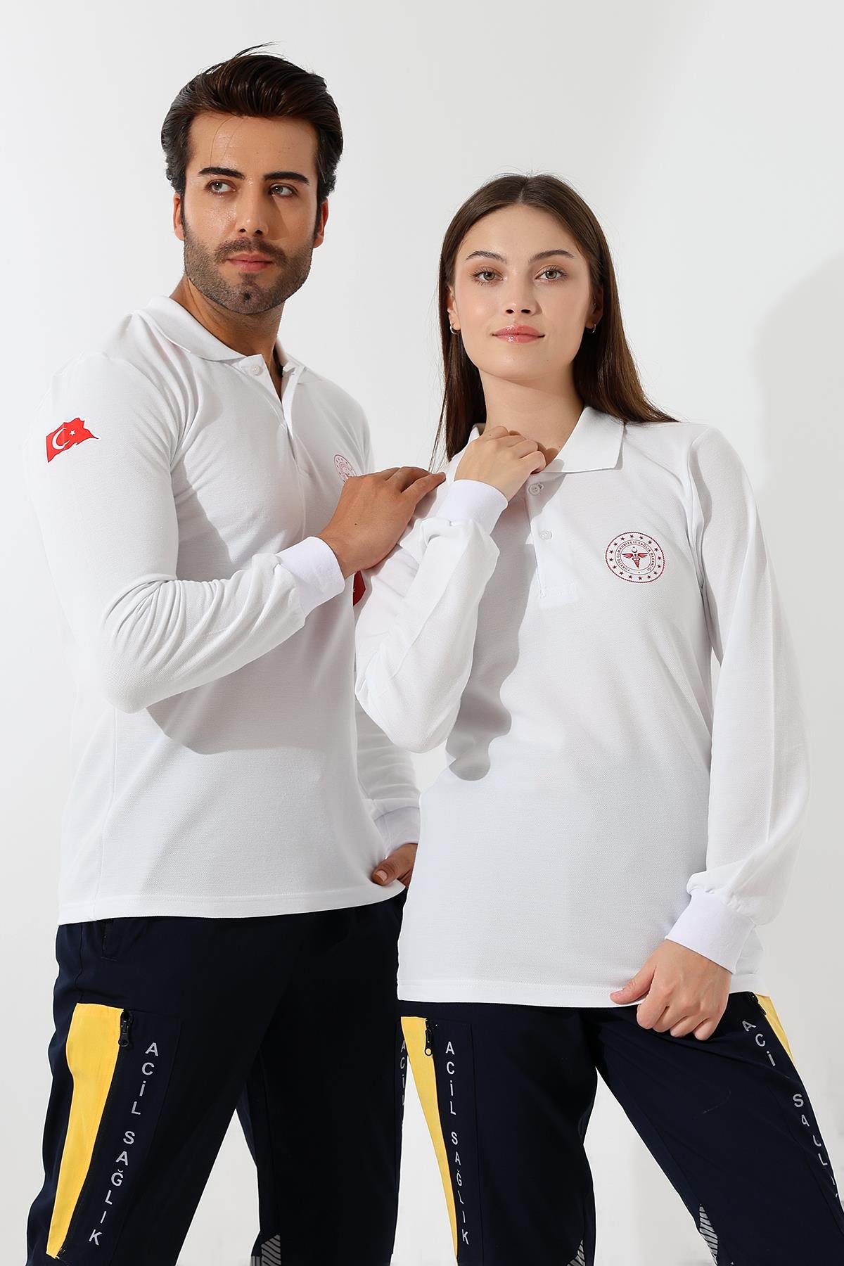 112 Acil Sağlık Yakalı Tshirt Uzun Kol Baskılı - Beyaz
