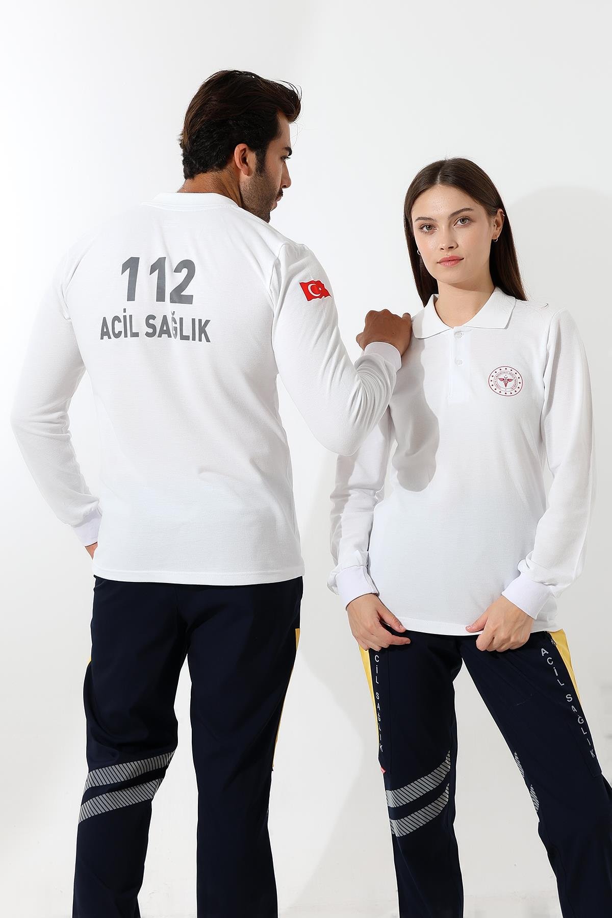 112 Acil Sağlık Yakalı Tshirt Uzun Kol Baskılı - Beyaz