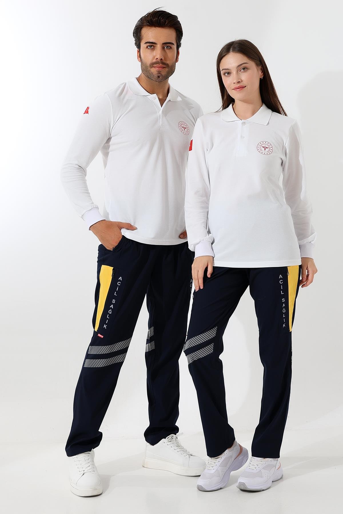 112 Acil Sağlık Yakalı Tshirt Uzun Kol Baskılı - Beyaz