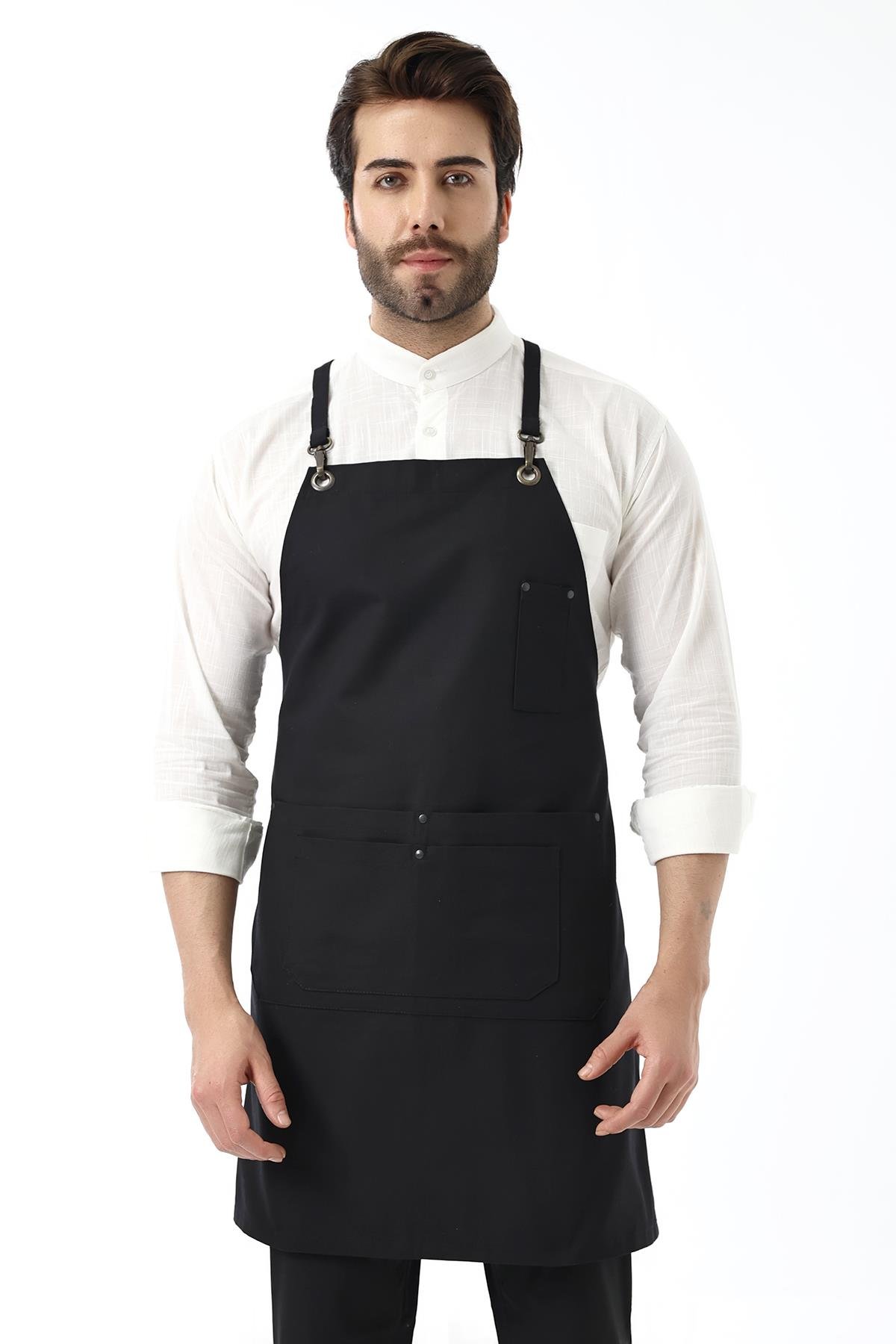 Barista Askılı Önlük Çift Cepli - Siyah