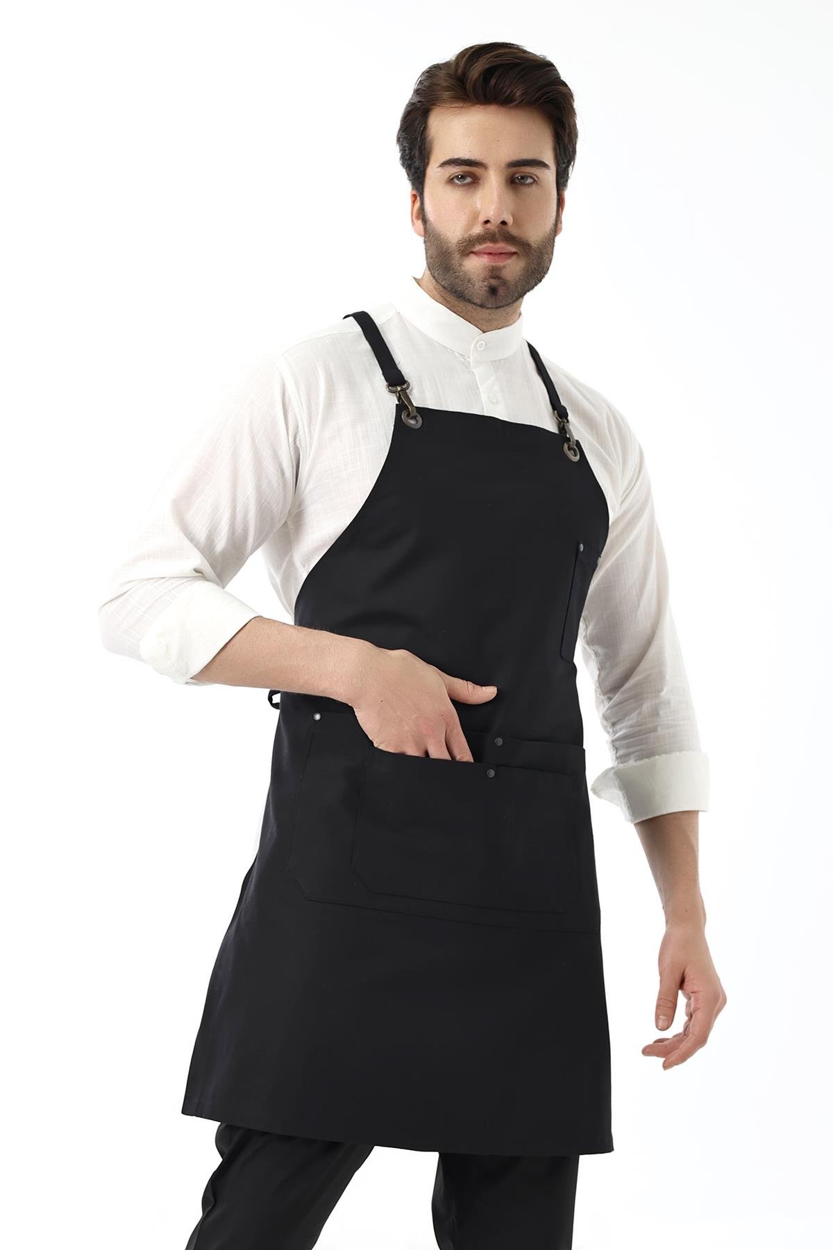 Barista Askılı Önlük Çift Cepli - Siyah