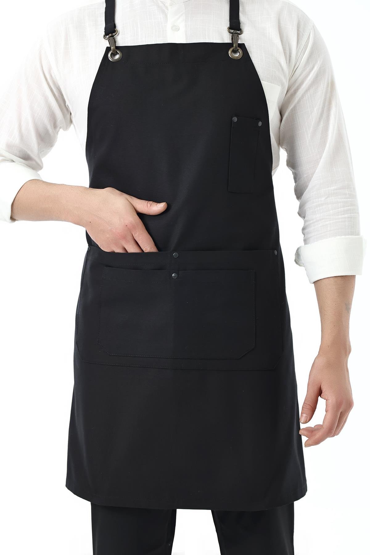 Barista Askılı Önlük Çift Cepli - Siyah