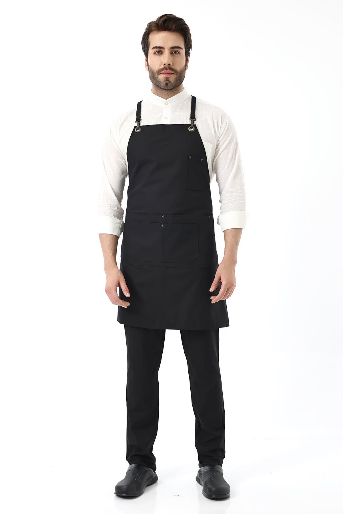 Barista Askılı Önlük Çift Cepli - Siyah