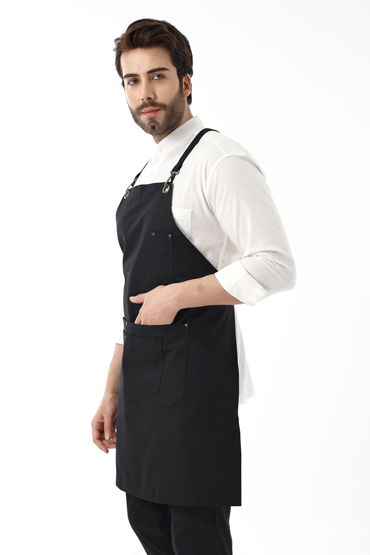 Barista Askılı Önlük Çift Cepli - Siyah