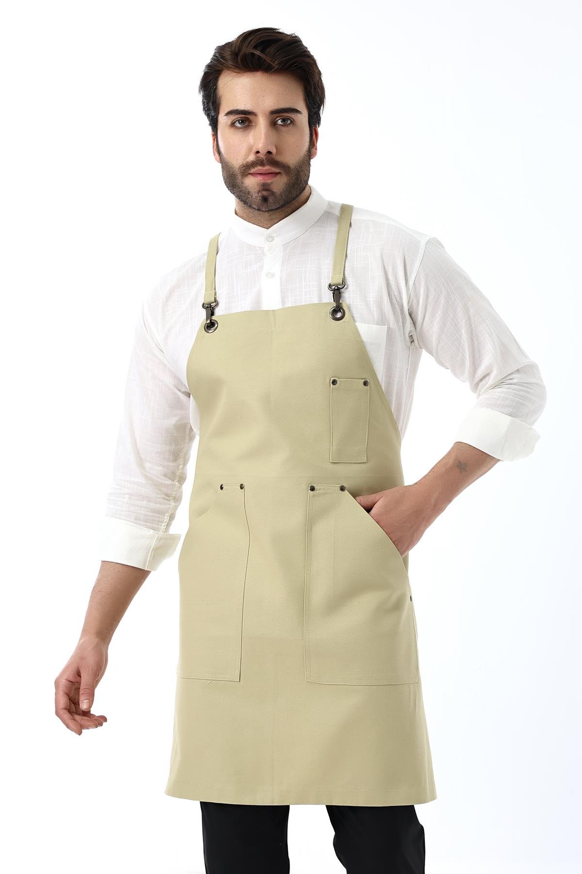 Barista Askılı Önlük Kanguru Cepli - Bej