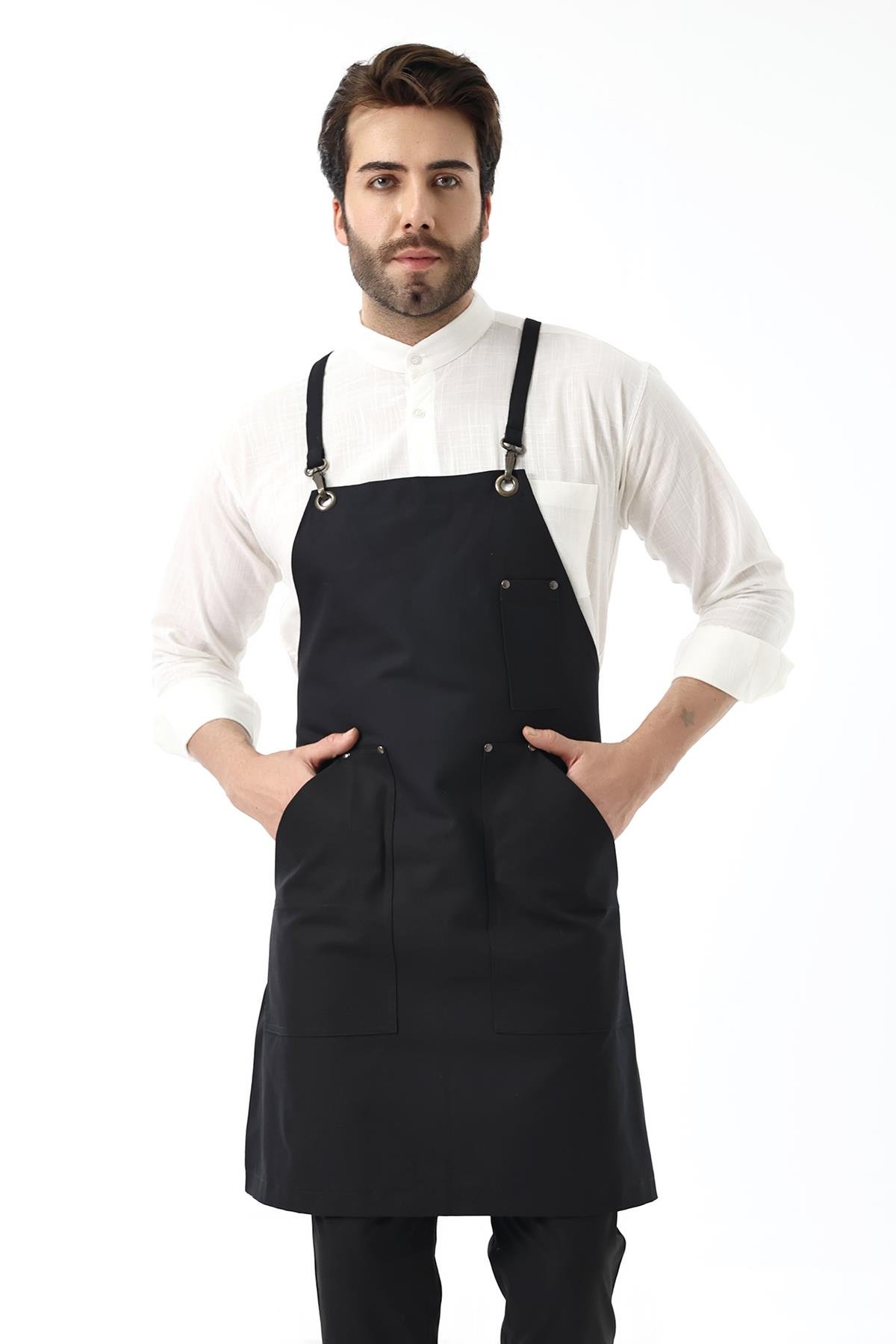 Barista Askılı Önlük Kanguru Cepli - Siyah