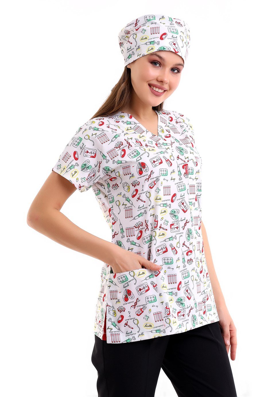 Beyaz Sağlık Sembolleri Desenli Dijital Baskı Unisex Tek Üst Scrubs Doktor / Hemşire Forma
