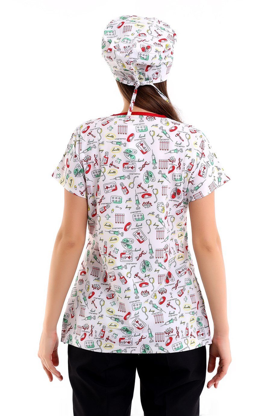 Beyaz Sağlık Sembolleri Desenli Dijital Baskı Unisex Tek Üst Scrubs Doktor / Hemşire Forma