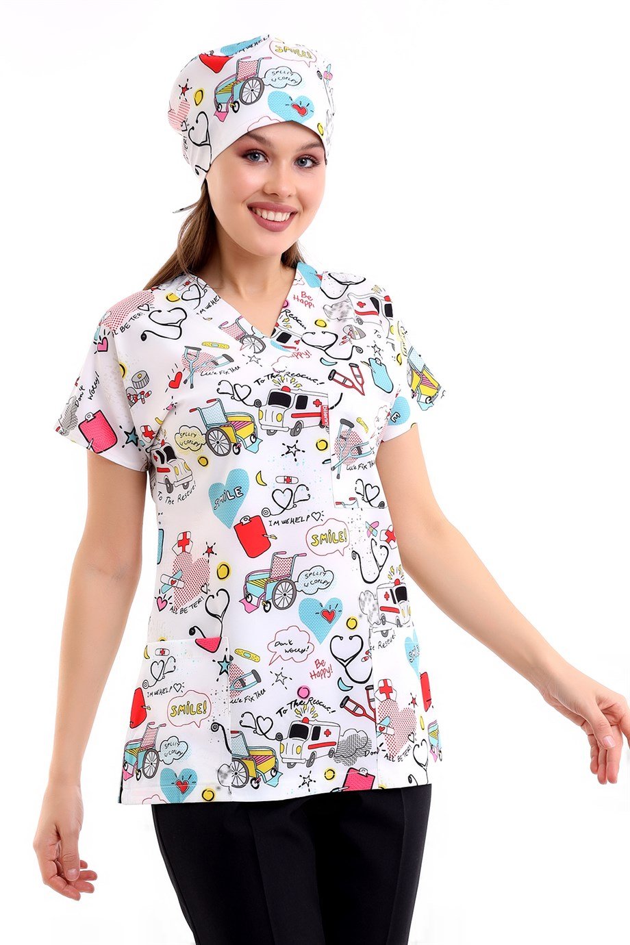 Beyaz Stetoskop Desenli Dijital Baskı Unisex Tek Üst Scrubs Doktor / Hemşire Forma