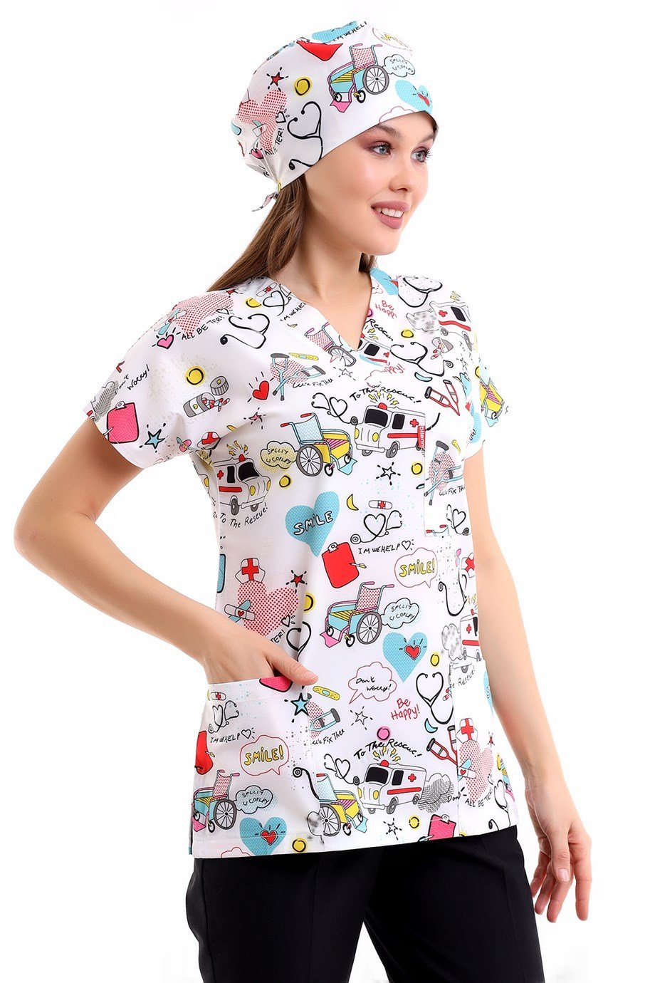 Beyaz Stetoskop Desenli Dijital Baskı Unisex Tek Üst Scrubs Doktor / Hemşire Forma