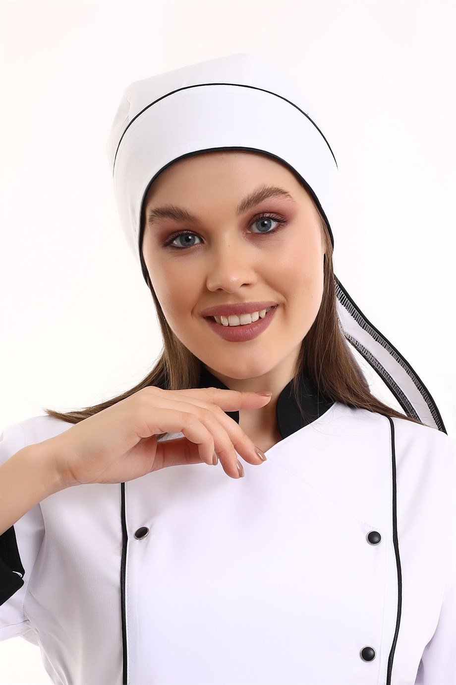 Beyaz Üzerine Siyah Biye Kuyruklu Aşçı Bone - Unisex