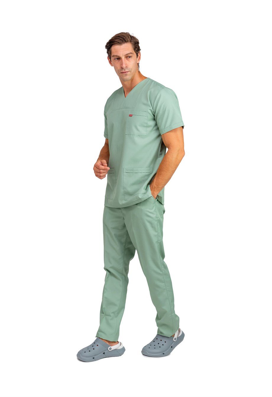 Çağla Yeşili Erkek Doktor - Hemşire Zarf Yaka Scrubs Forma Takımı