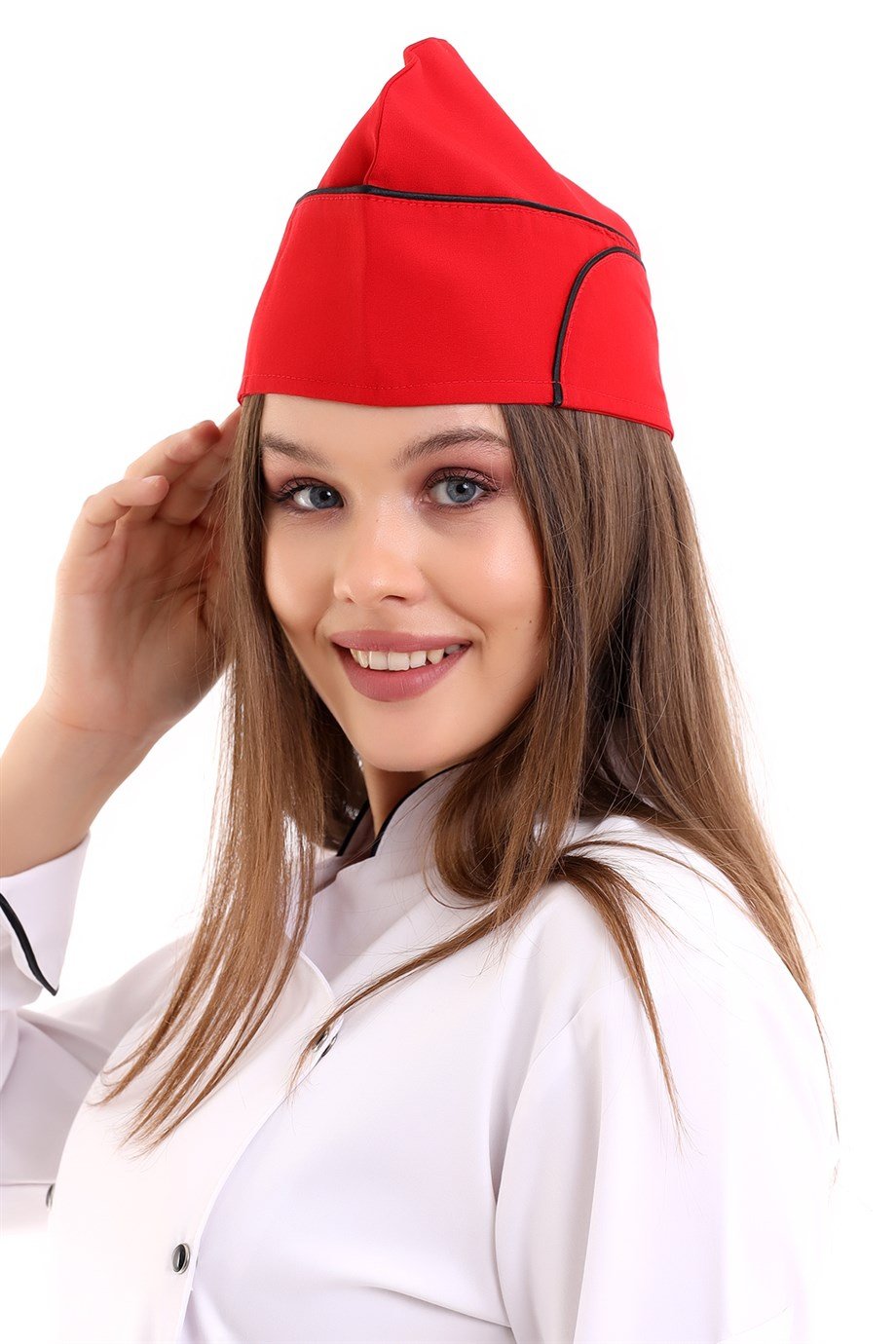 Kırmızı Üzerine Siyah Biye Aşçı Kayık Kep - Unisex